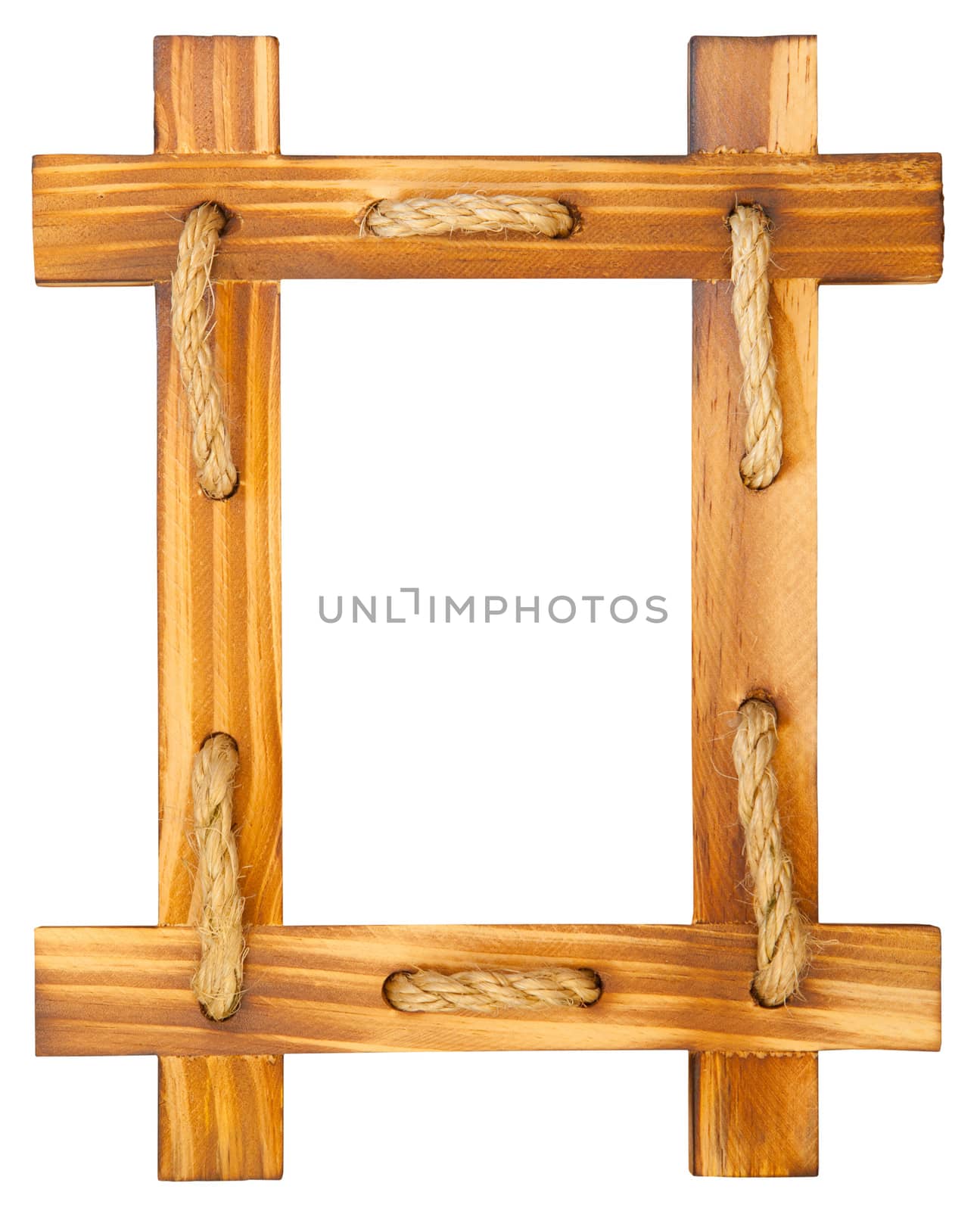 Old wooden frame with rope isolated on white background