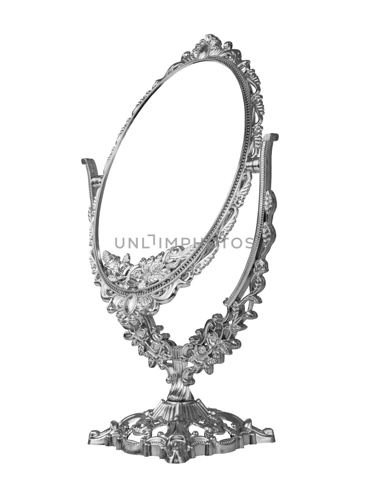 Antique baroque brass silver frame and mirror isolated on white background