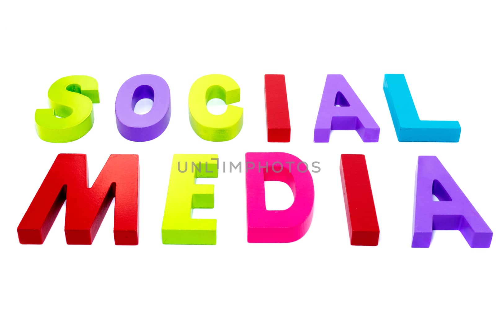 social media in red green pink text on isolated white background