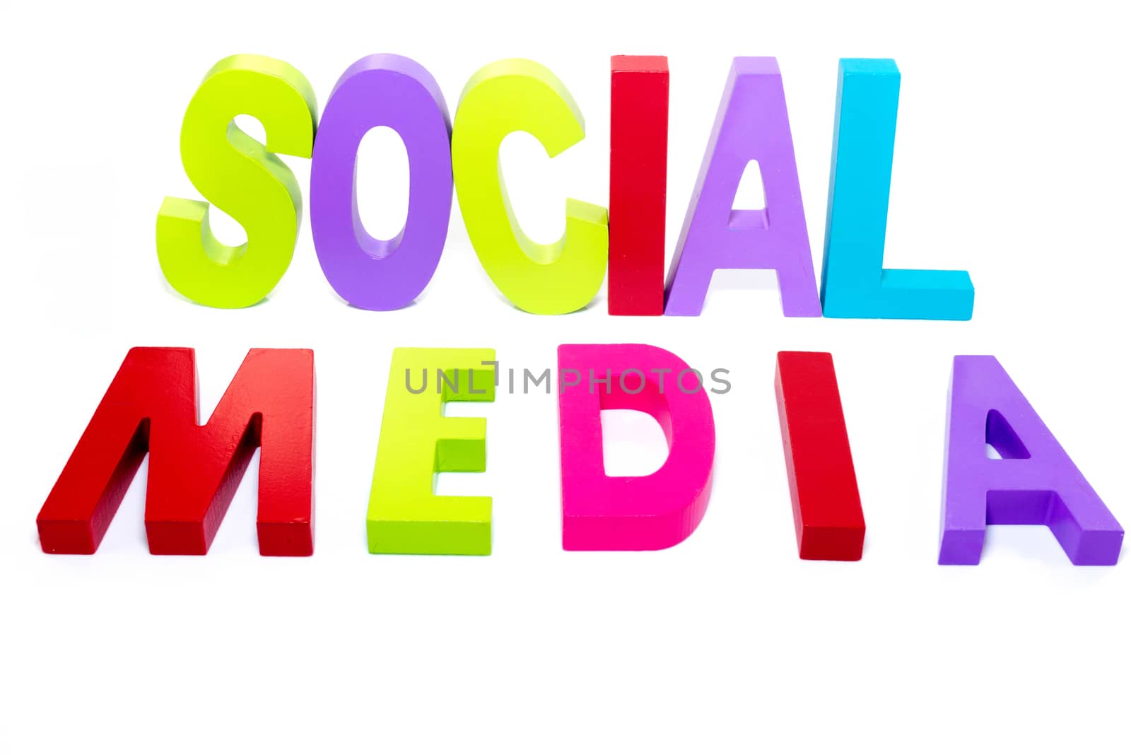 social media in red green pink text on isolated white background