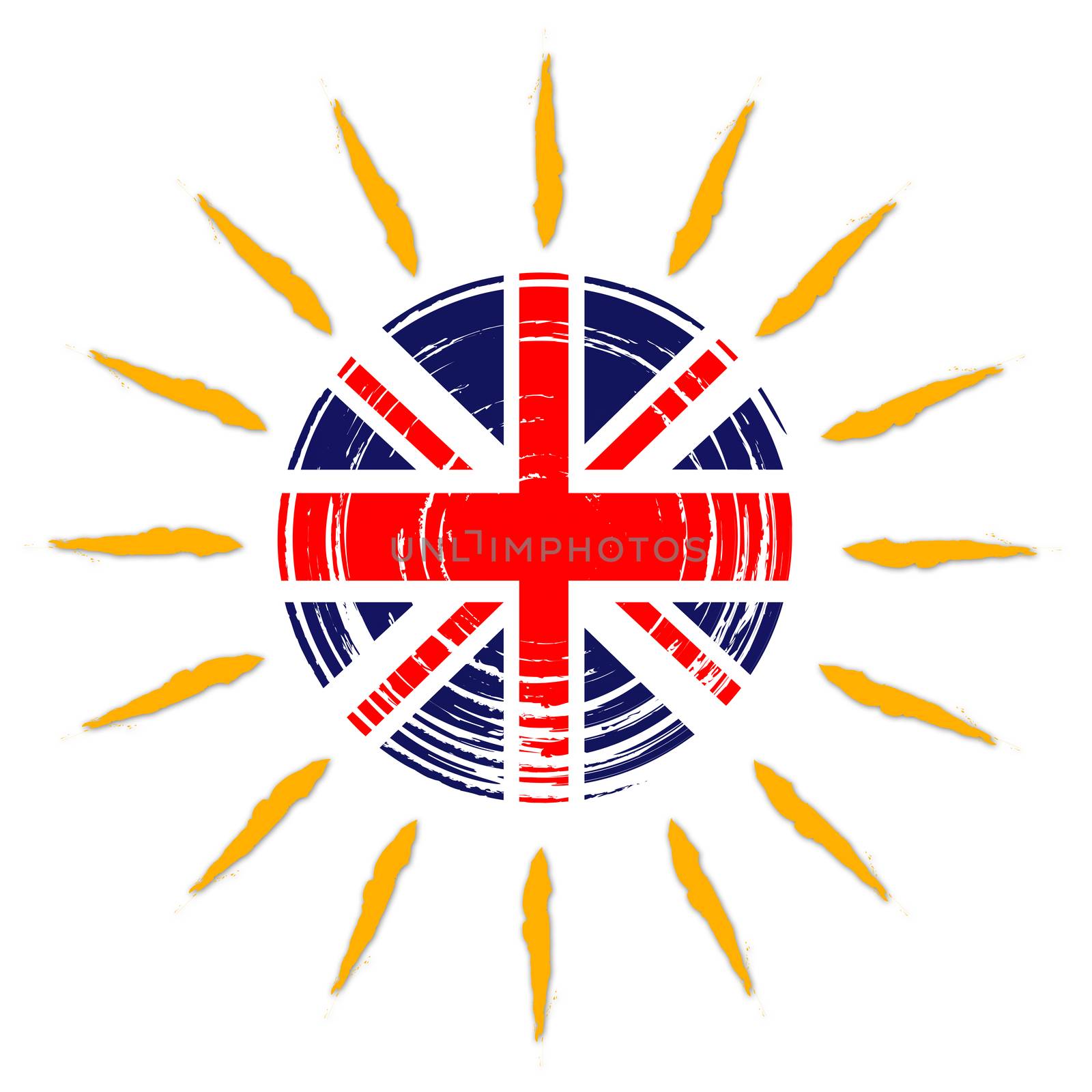 British flag in drawn sun with yellow rays, isolated, UK ensign