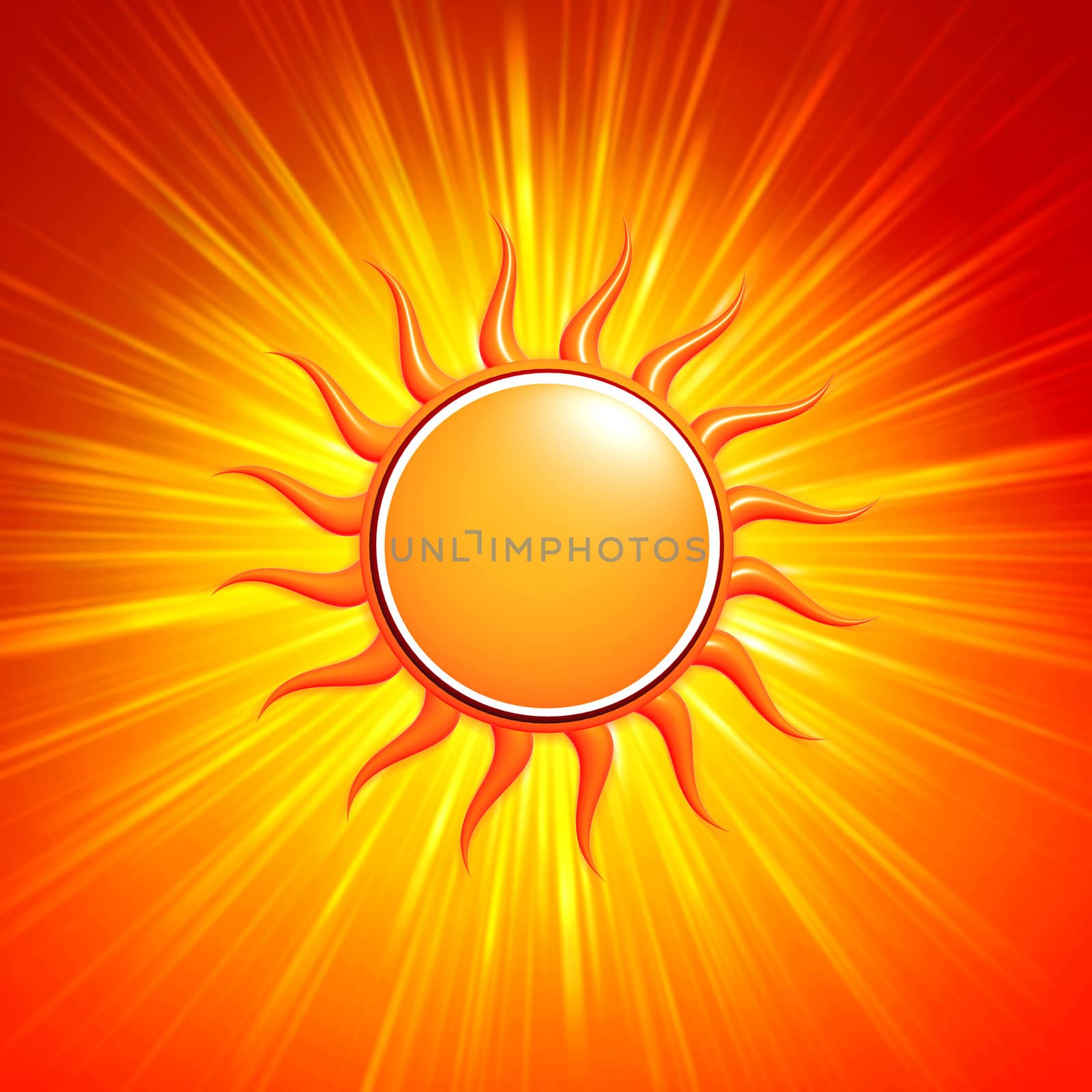 abstract summer background with 3d yellow sun and glowing orange rays