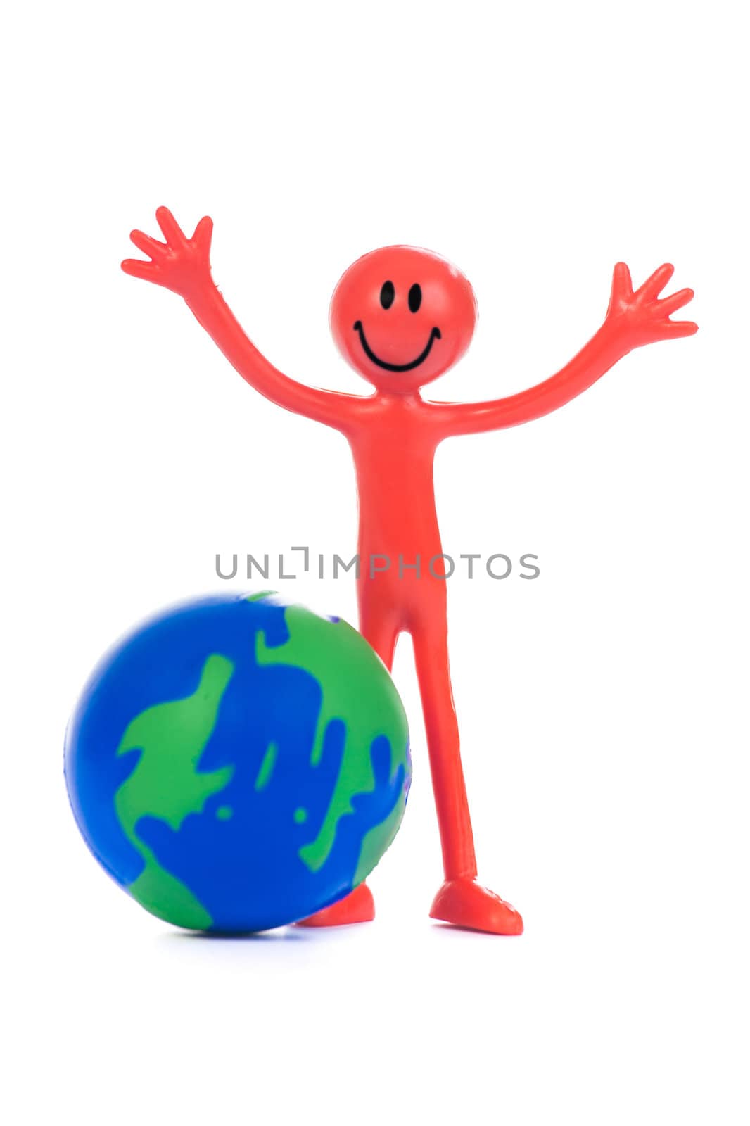 Red smiling man and planet, isolated on white.