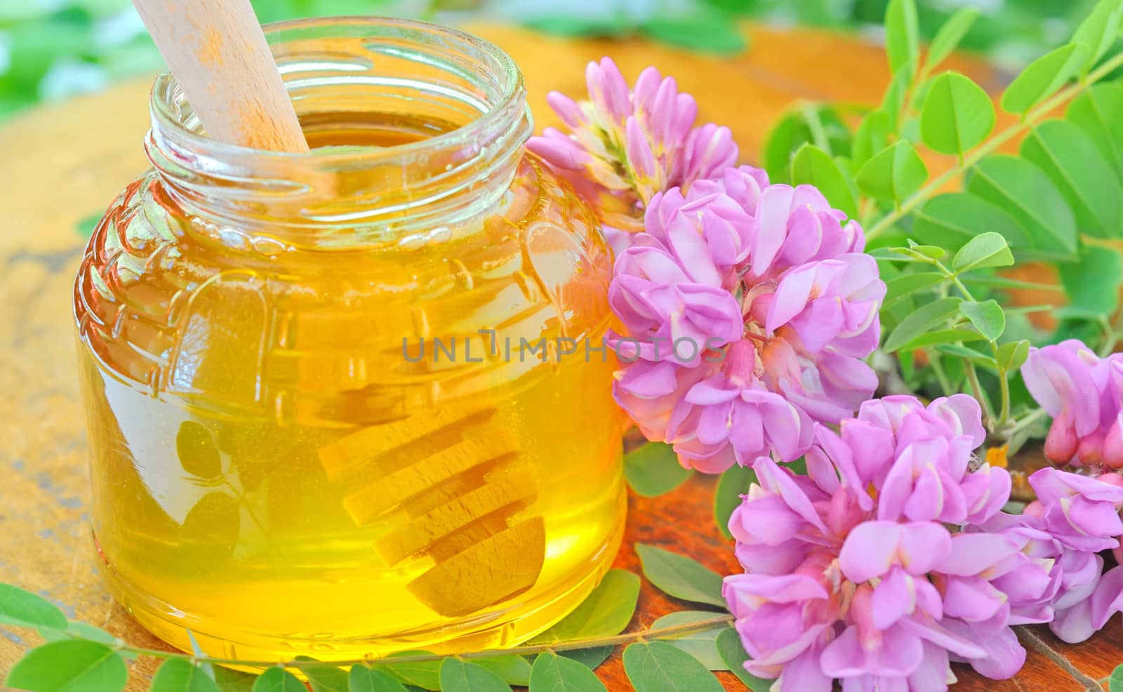 glass jar full of honey and stick with acacia pink and white flowers