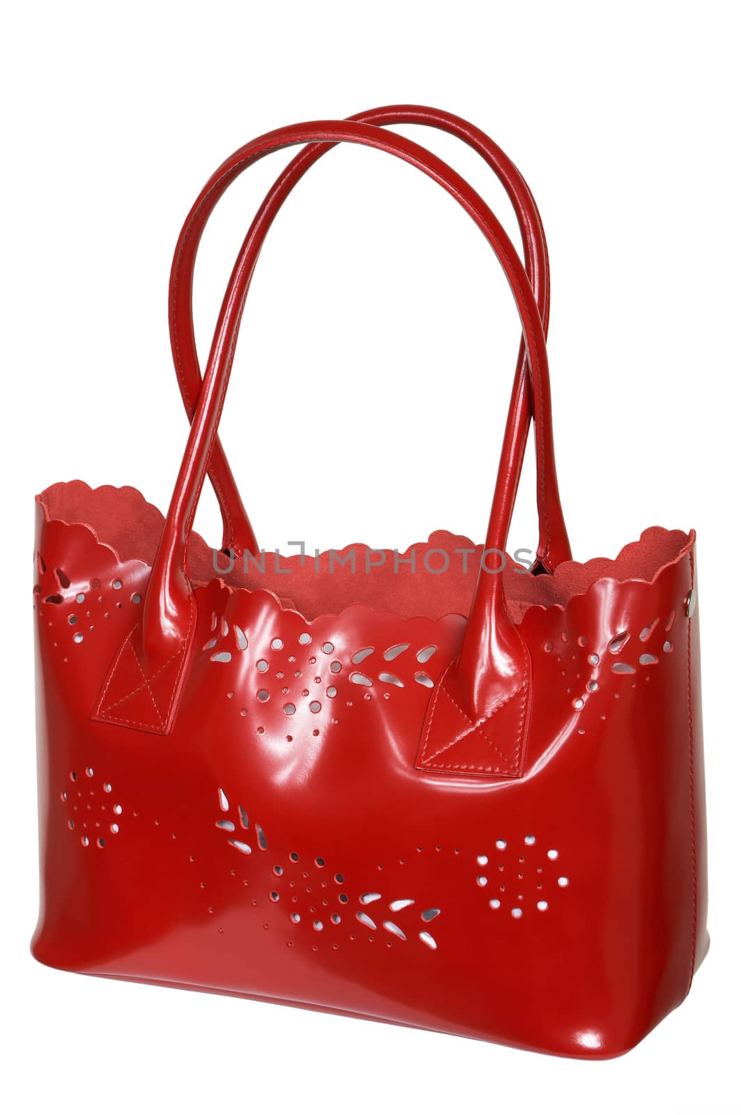 Red bag with long handles on a white background