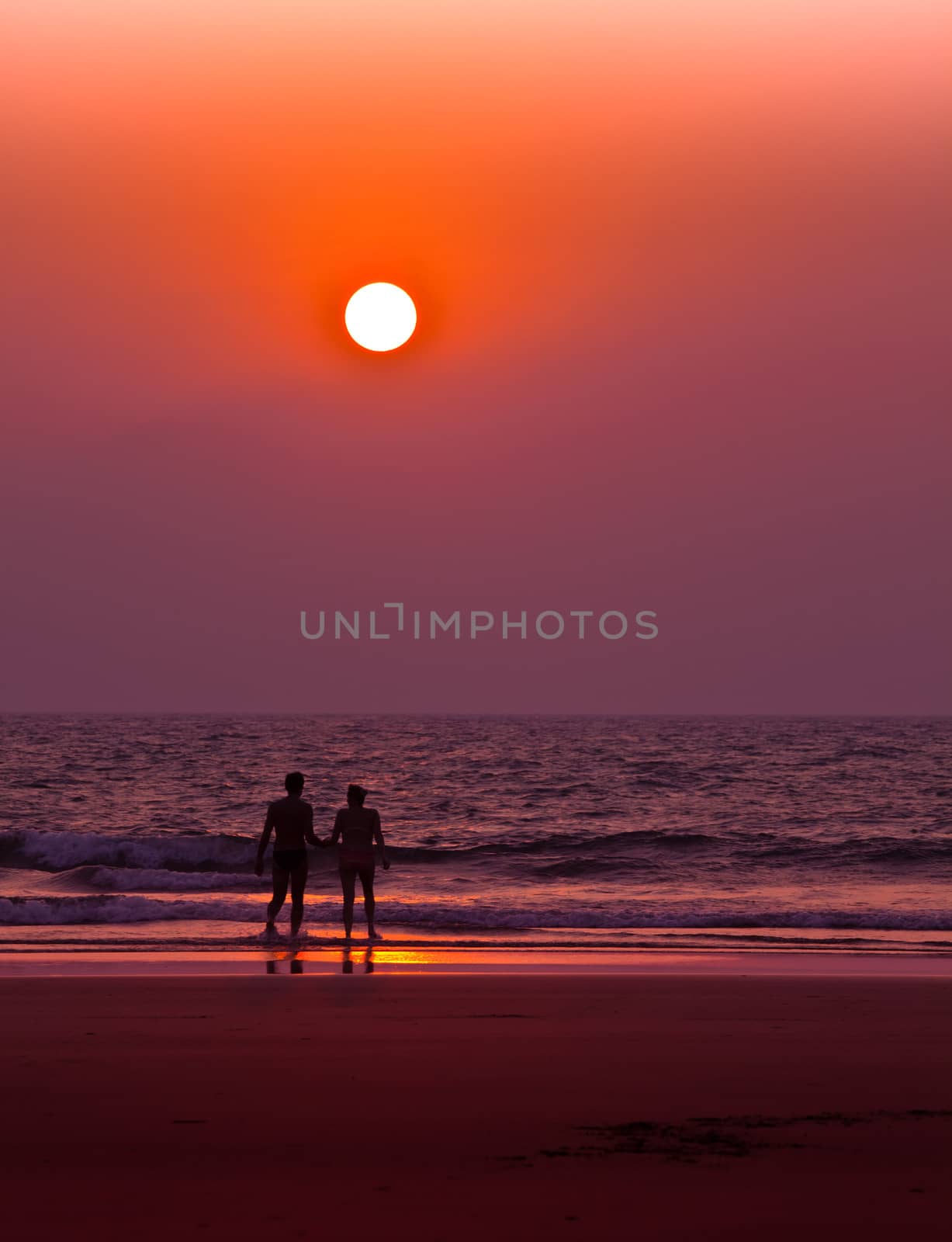 Couple holding hands in the sea in the sunset light