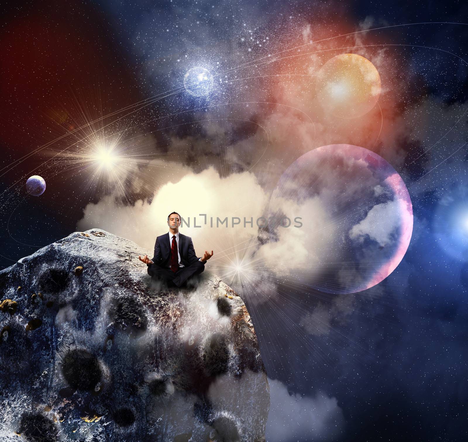 Businessman sitting in lotus flower position against space background