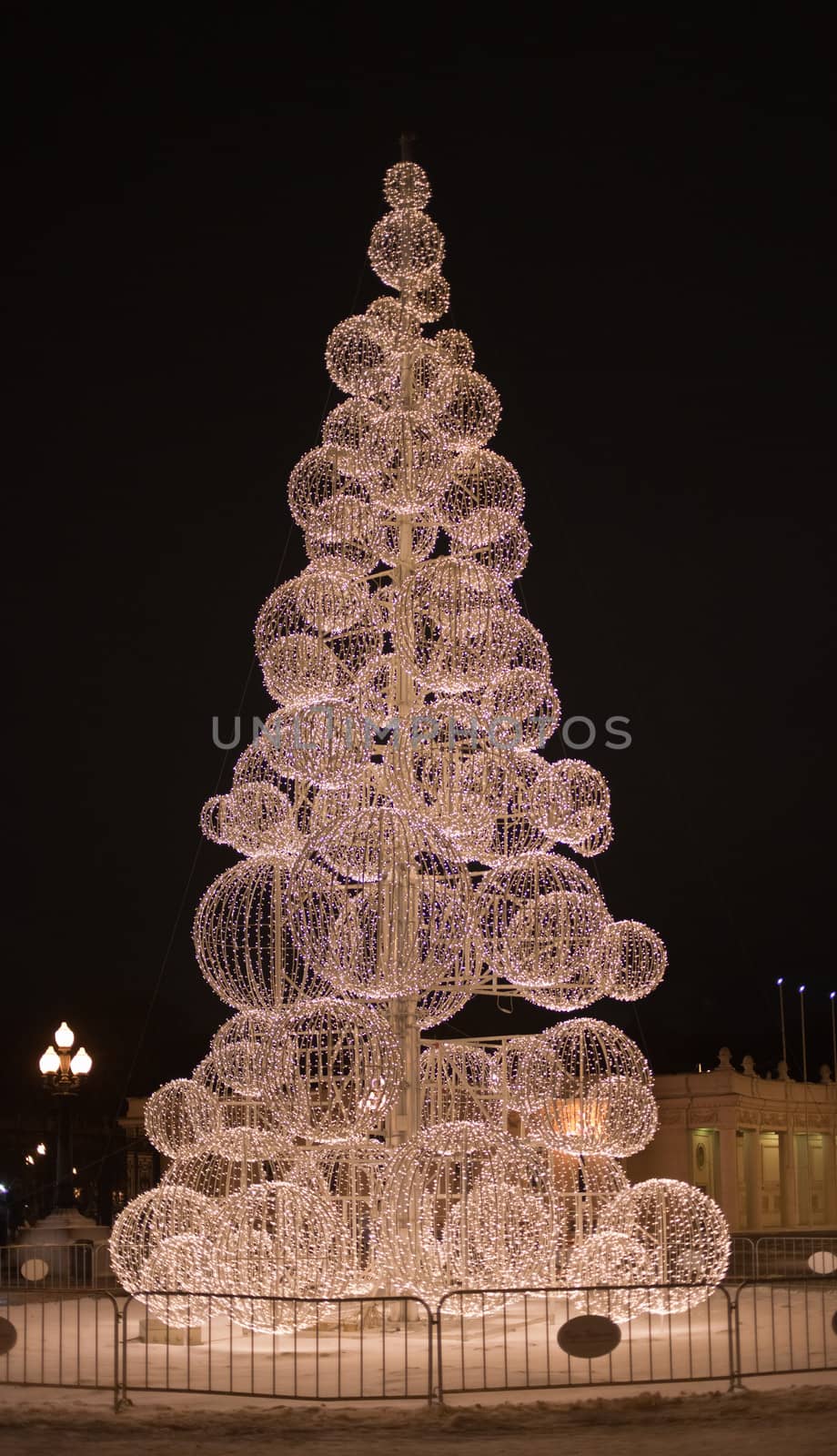 Modern New Year tree at Gorky park Moscow at night . Winter time.