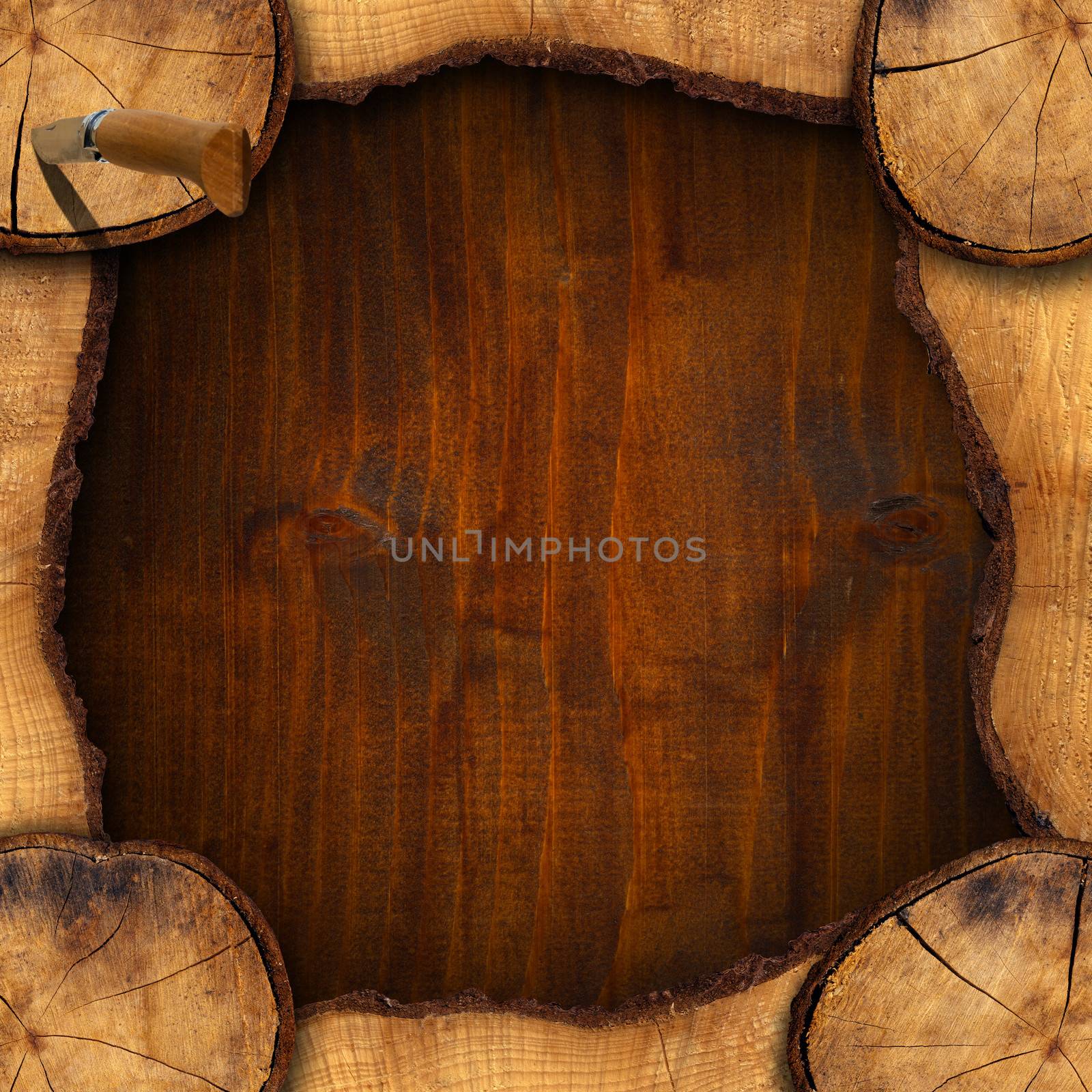 Wooden background with trunk section, folding knife and shadows