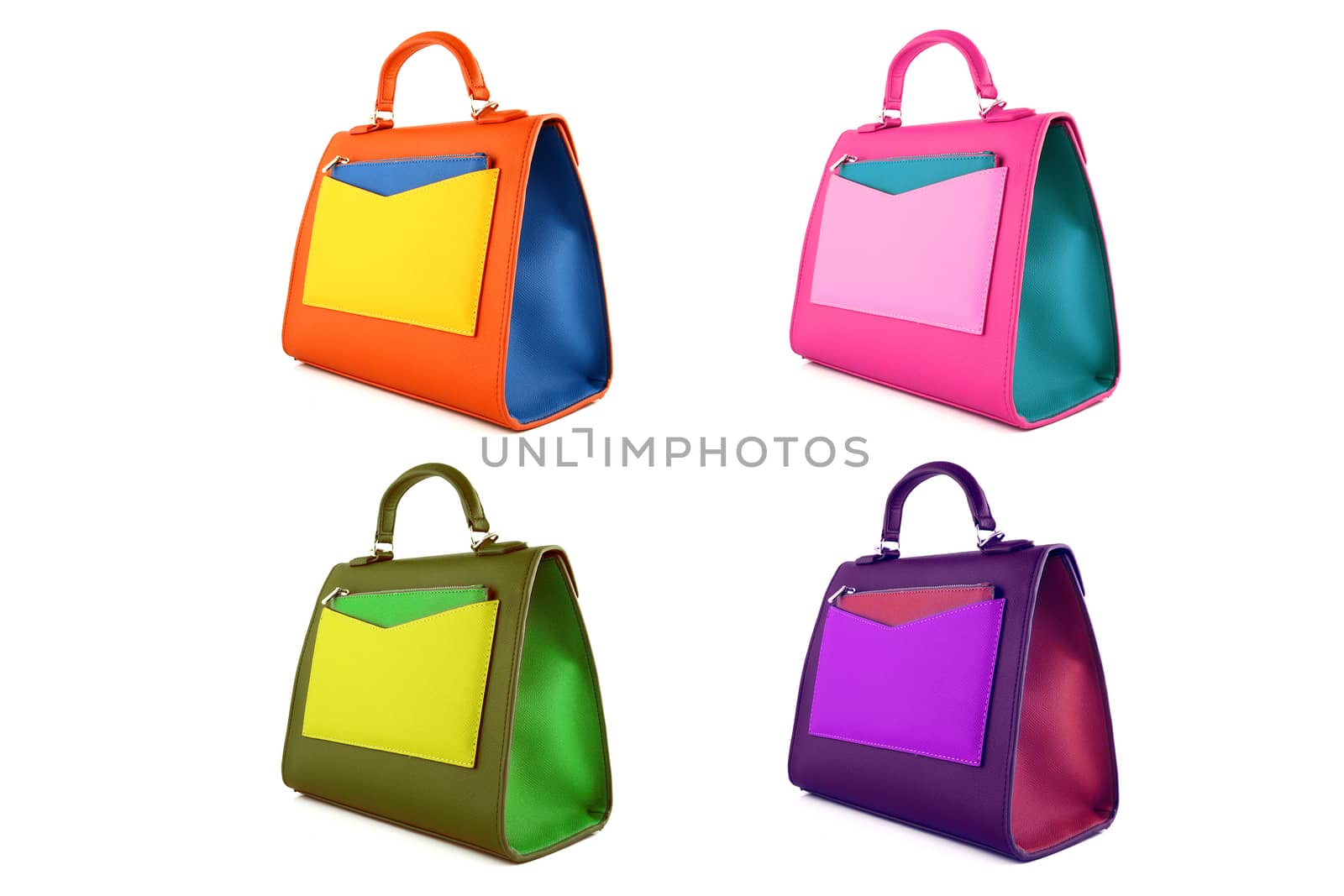 Set of multicolored female bags on a white background