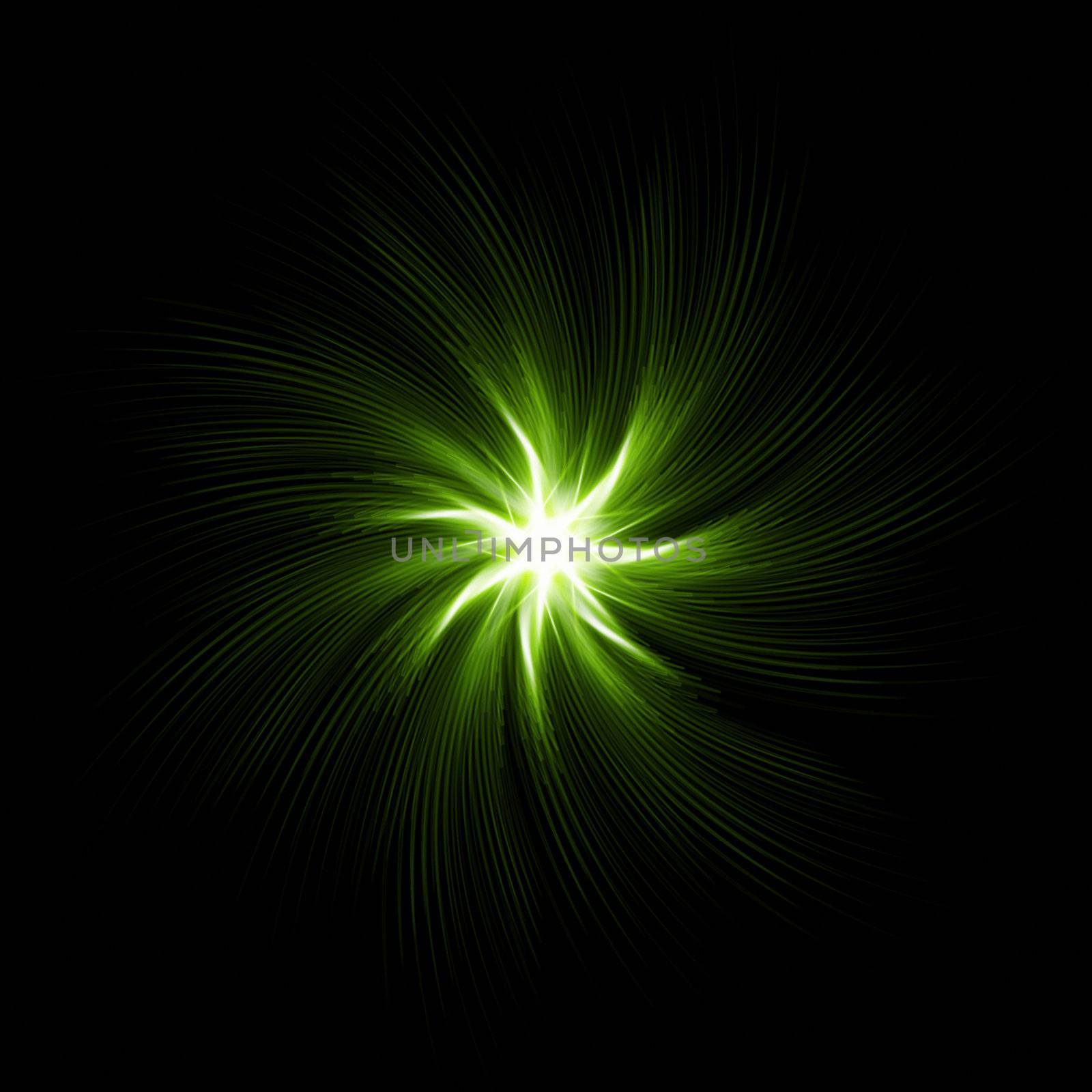 abstract star with green shining spirals over dark background