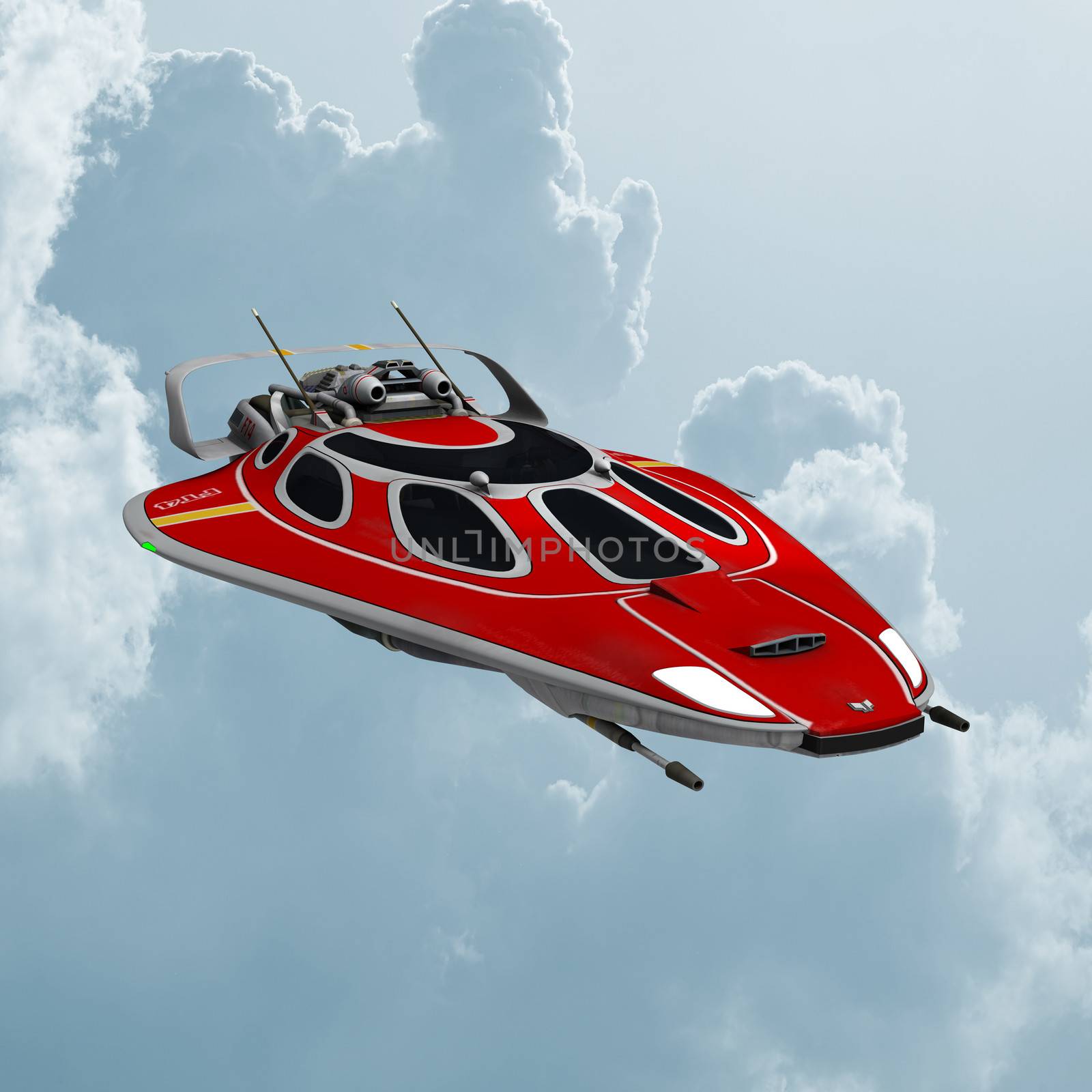 3D digital render of a red spaceship isolated on blue sky background