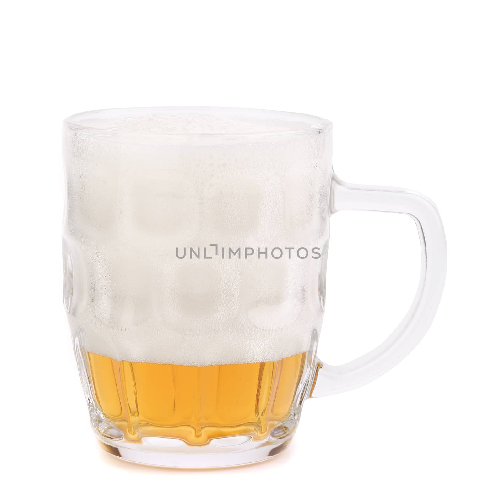 Glass of foamy beer on white background. 80%.