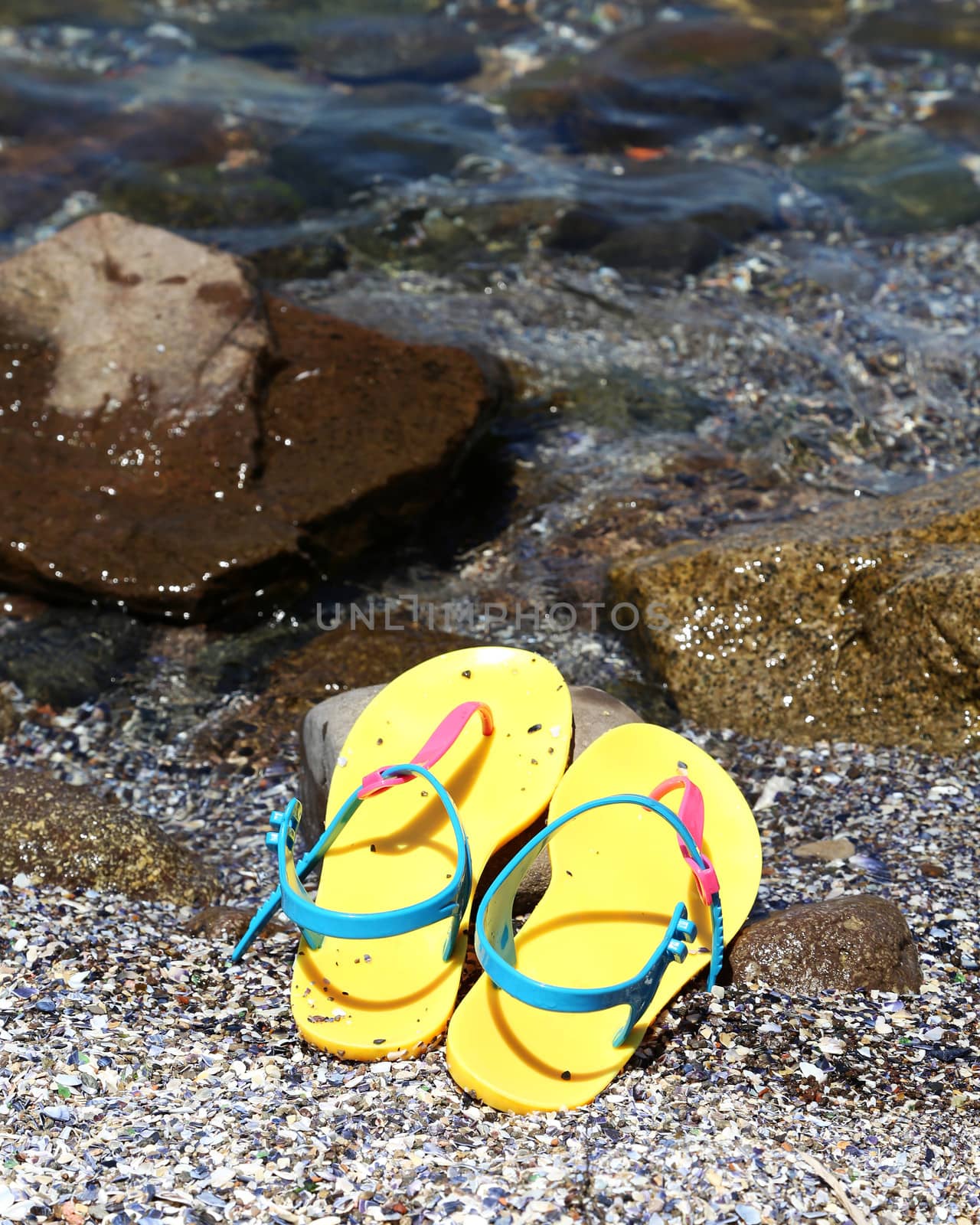 flip flops in the water line at a beach