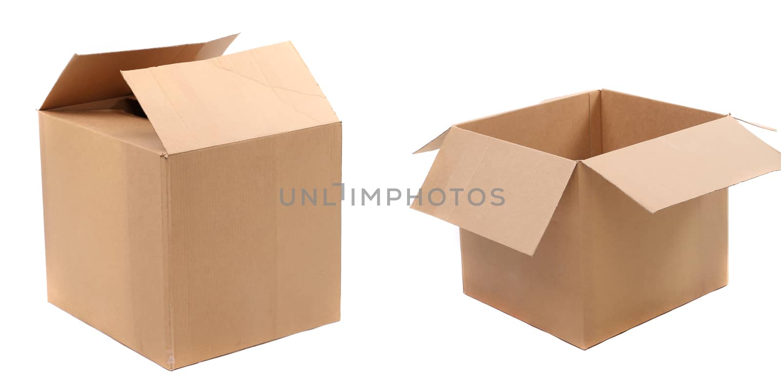 opened and closed corrugated cardboard boxes on a white background