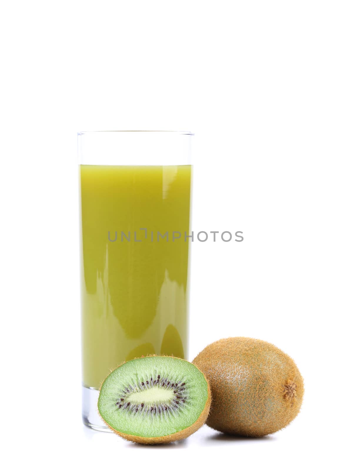 Natural kiwi juice in glass. A white background.