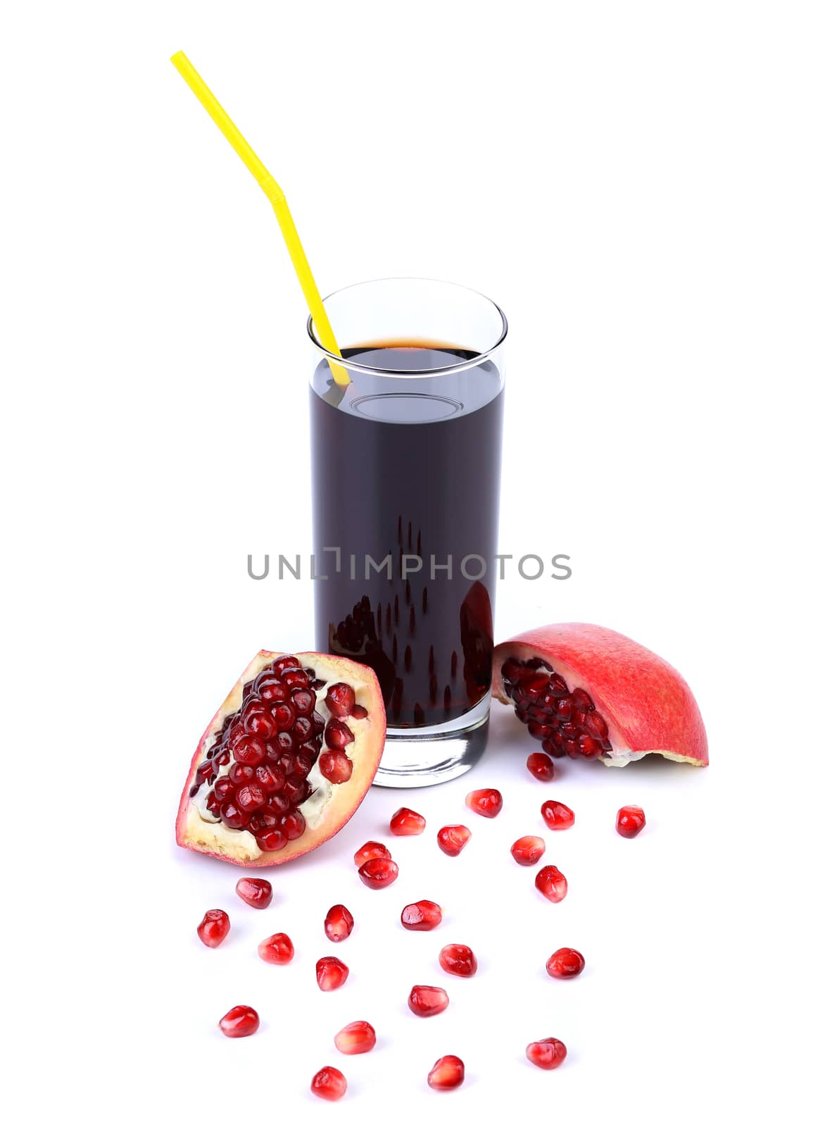 Juice and slice pomegranate on white background.