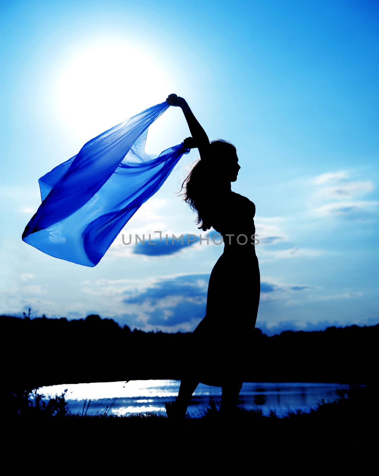silhouette of a beautiful woman on the background of the summer sky