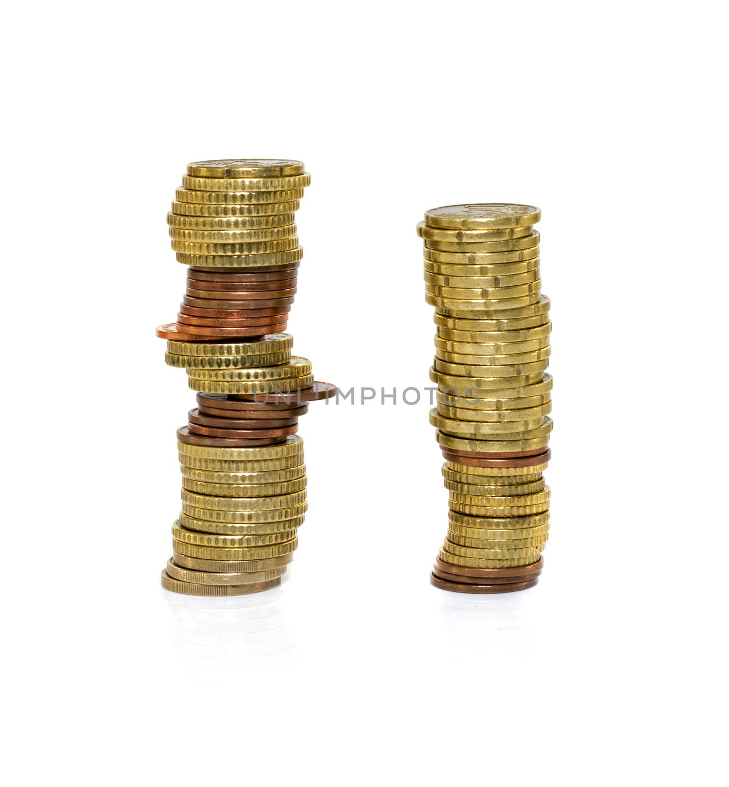 stack of euro coins on white background