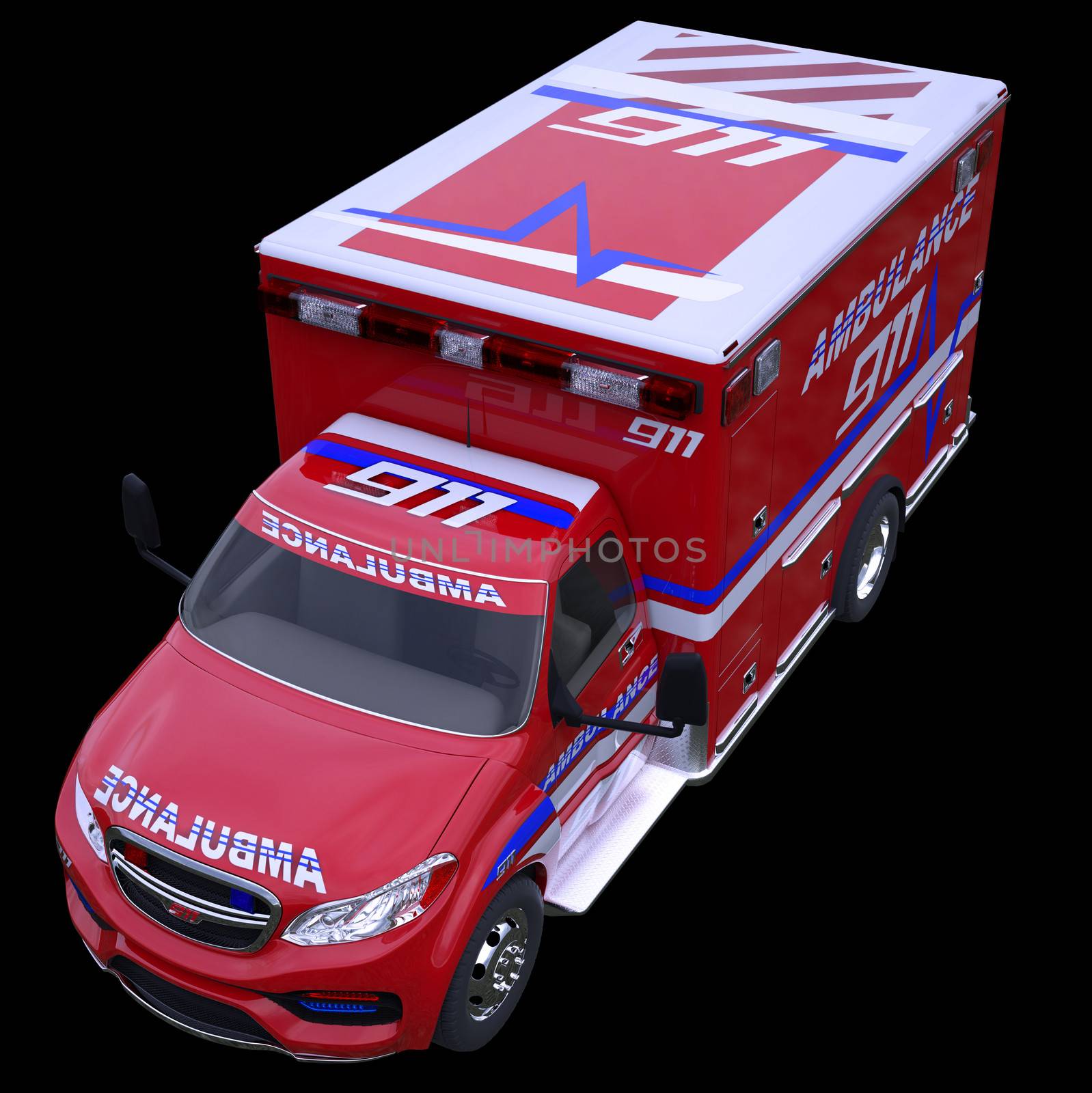 Emergency call and 911: ambulance van isolated on black (all custom made and CG rendered)