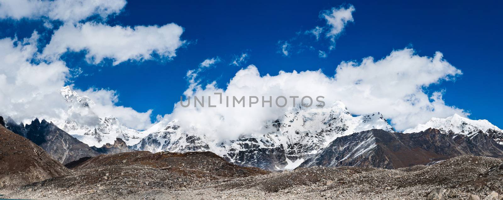 Himalaya: landscape panorama of Mountain peaks. Trekking  in Nepal