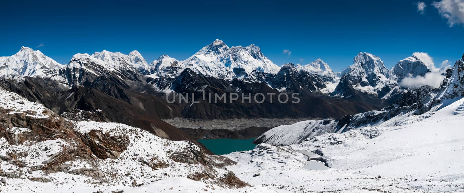 Panoramic view of Himalaya summits: Everest, Lhotse, Nuptse and others. Large resolution