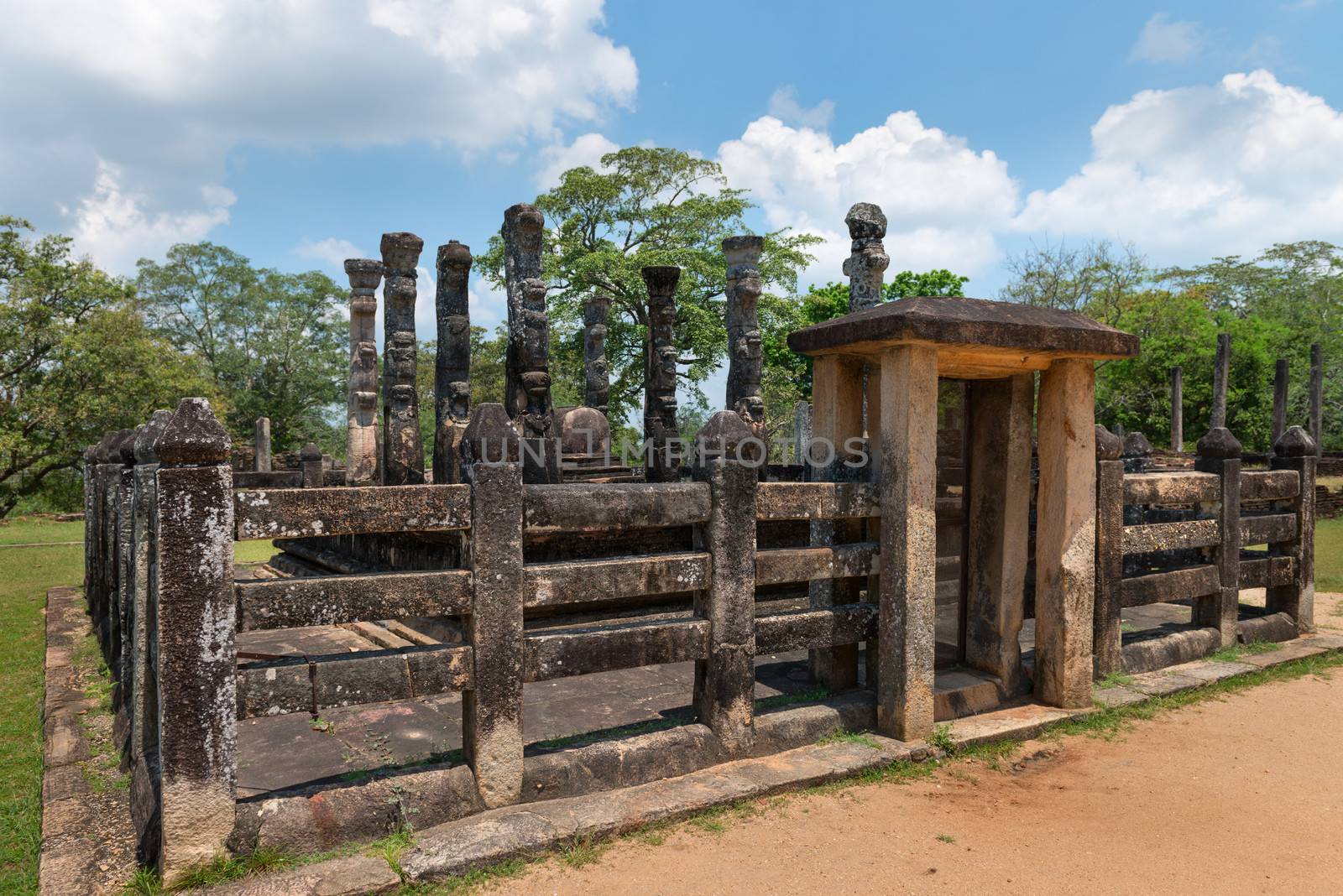 Lovely little pavilion Nissankalata Mandapa with eight pillars carved in imitation of lotus stalks, Polonnaruwa, Sri Lanka