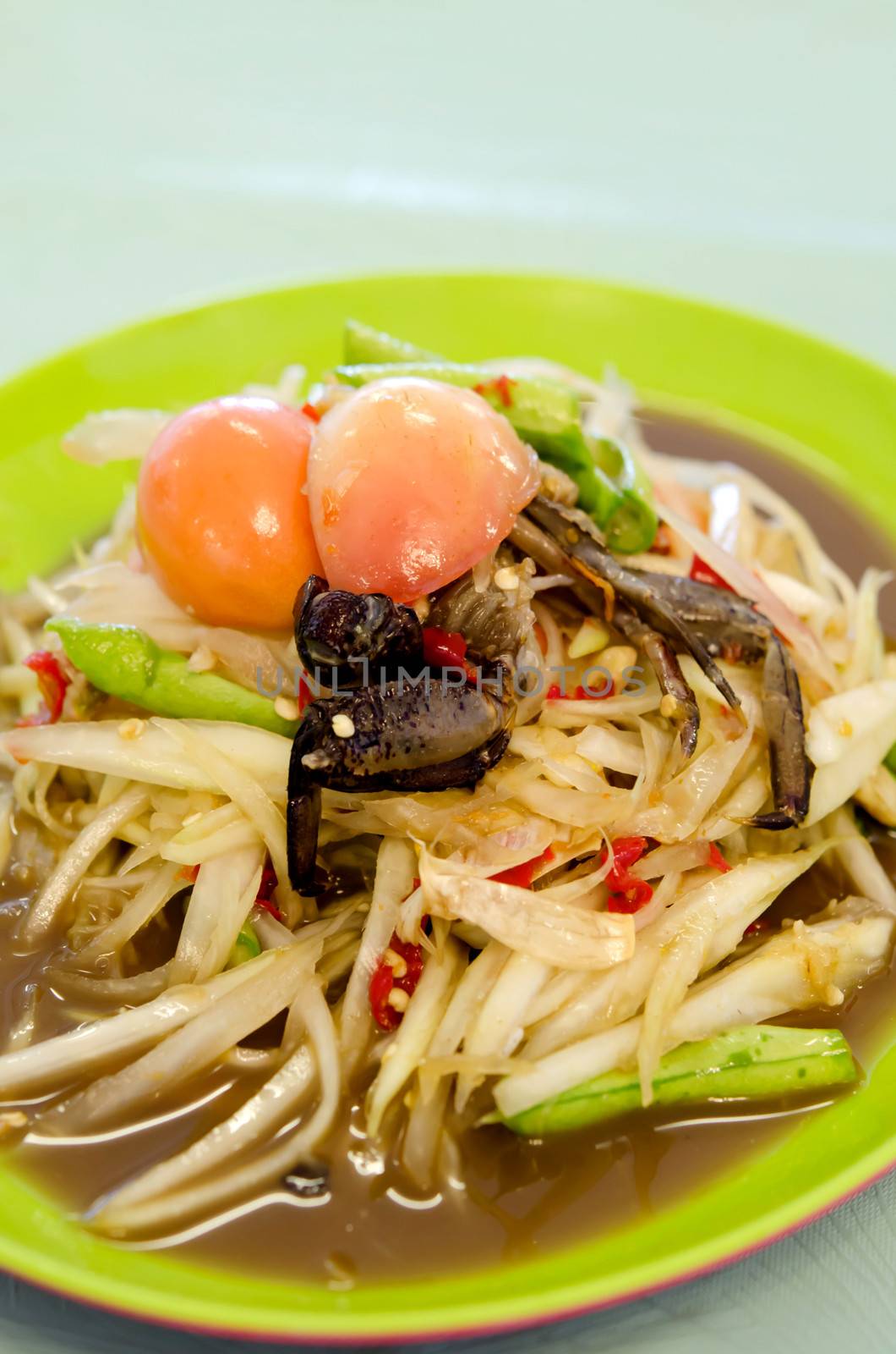 top views spicy papaya salad with crab