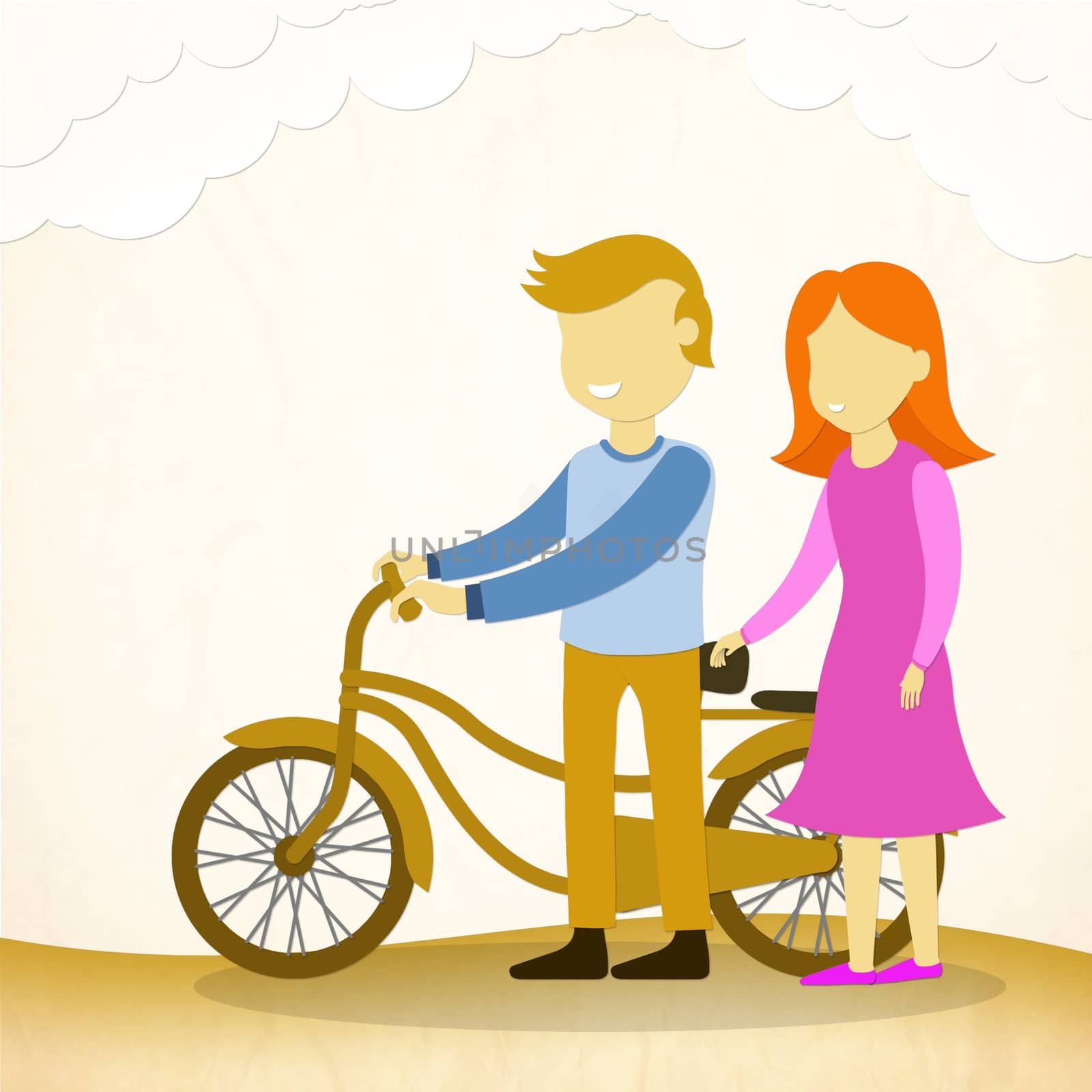 Illusstration cartoon of man and lady with bike