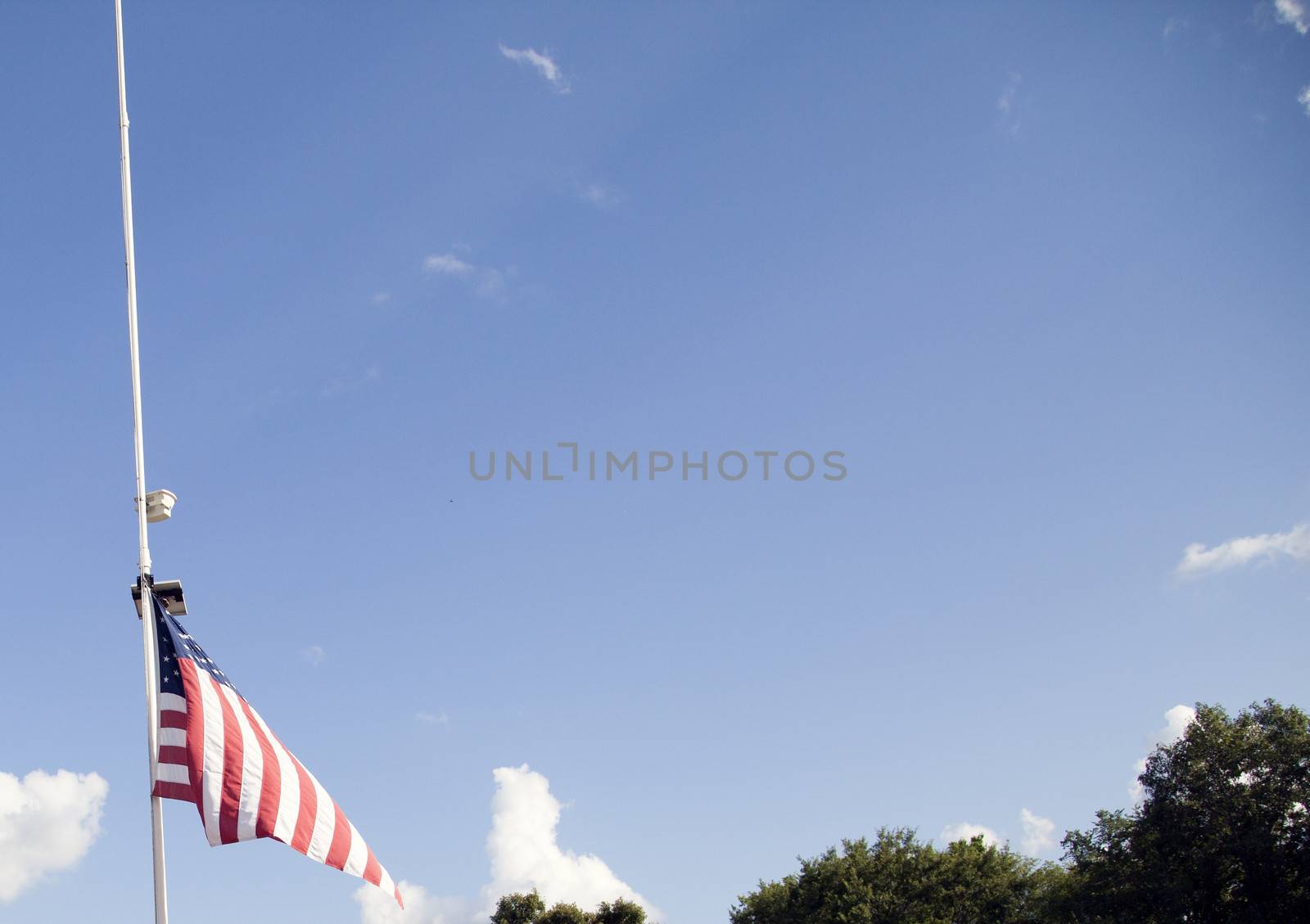 American flag at half mast with tree tops in the background