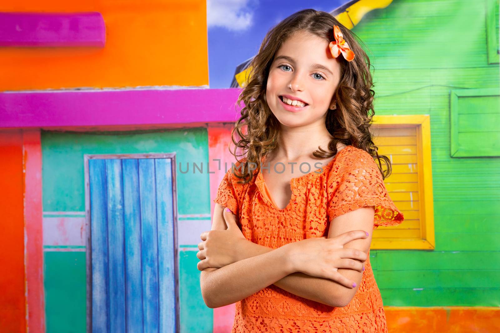 children happy tourist girl smiling in a tropical vacation house