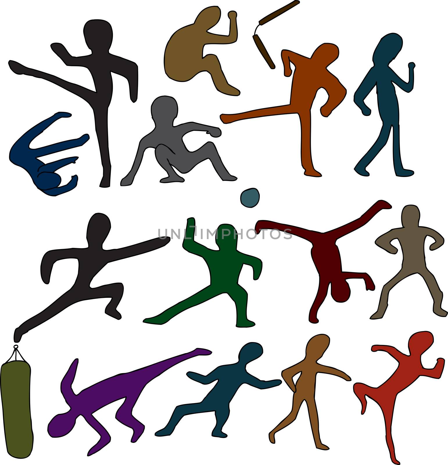 Set of martial arts people and objects over white background