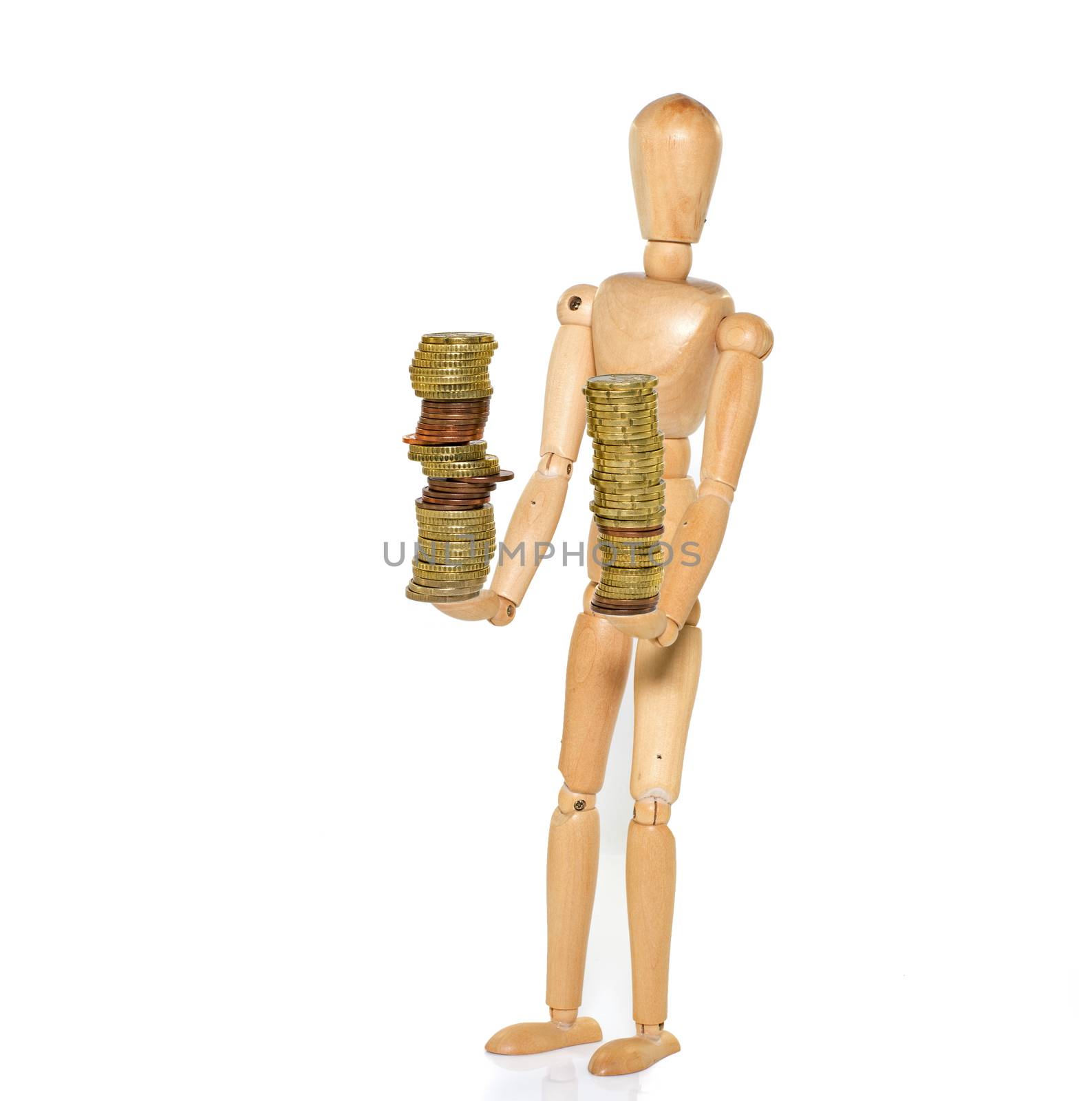wooden puppet keeping money in balance