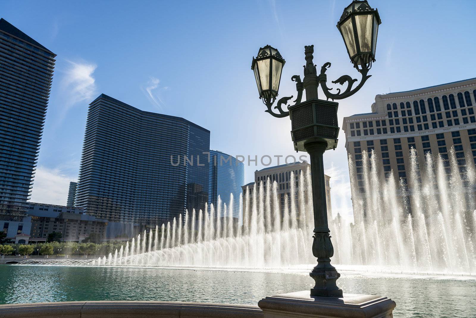 Misical show of fountains in Las Vegas at sunset