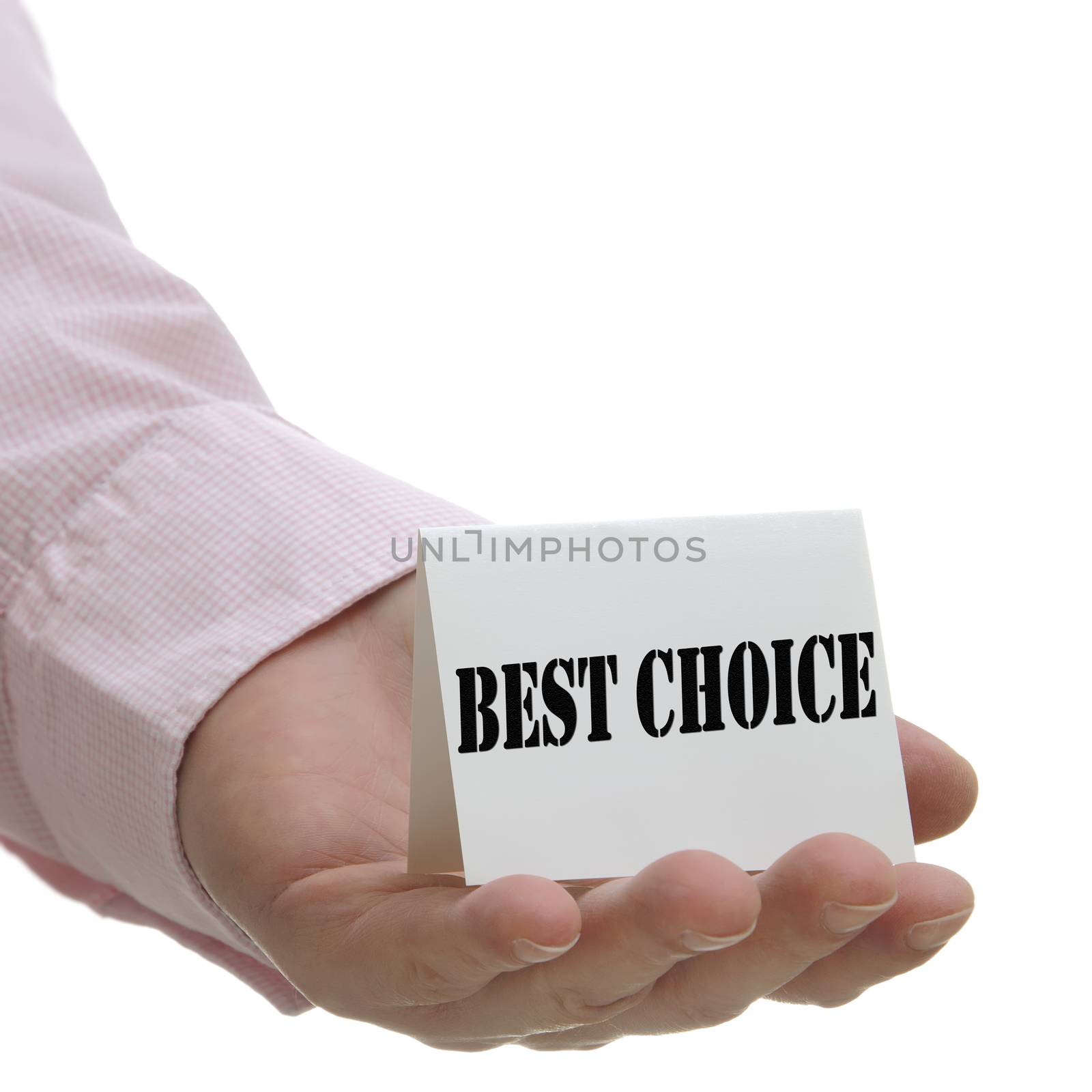 Businessman holding best choice sign with white copy space