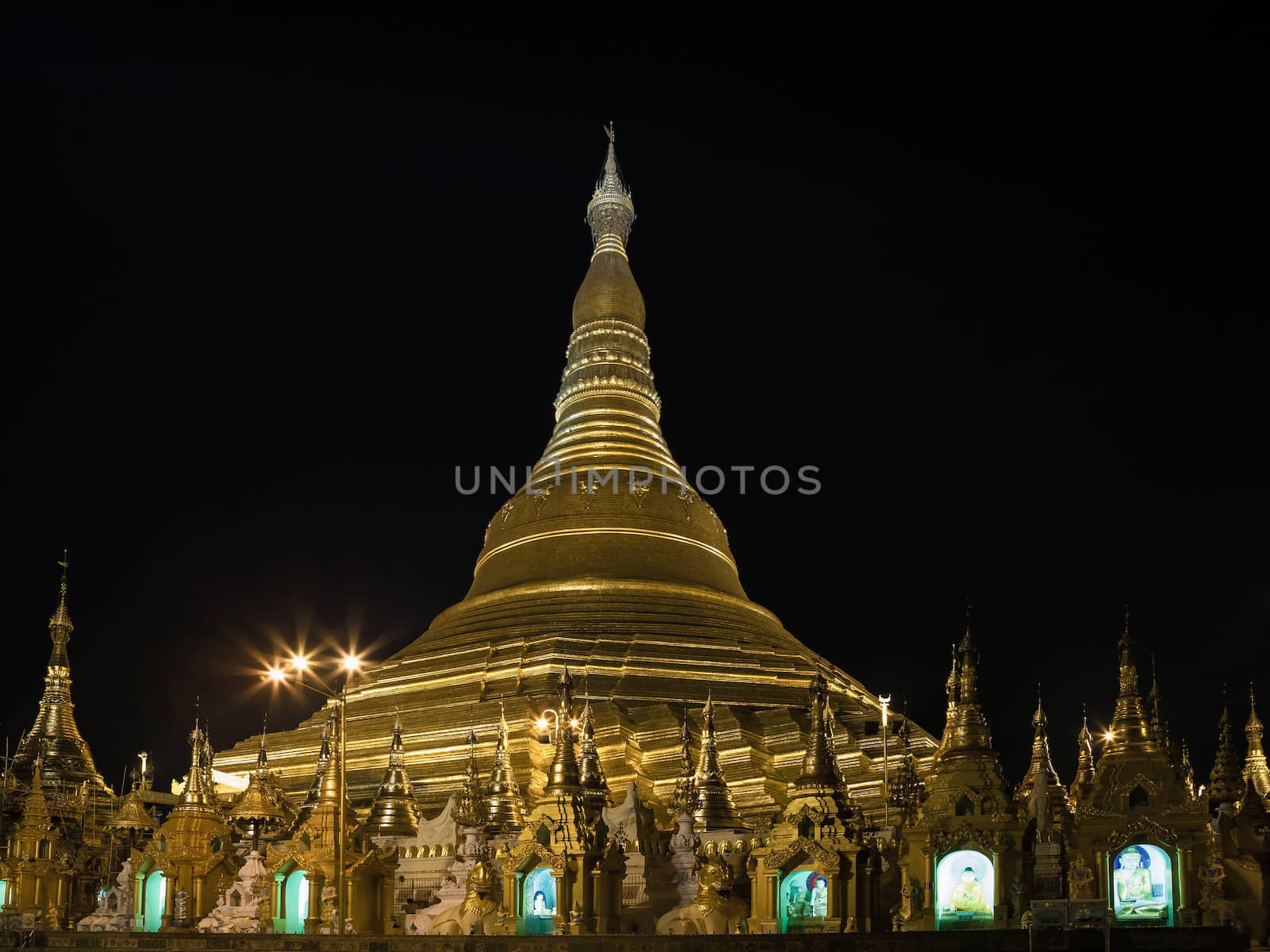 Shwedagon pagoda in Yangon, Burma (Myanmar) at night