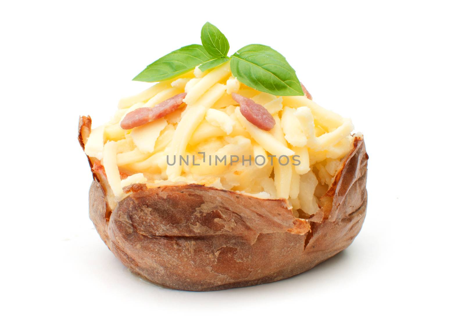 Jacket oven baked potato with melting cheese and bacon pieces 