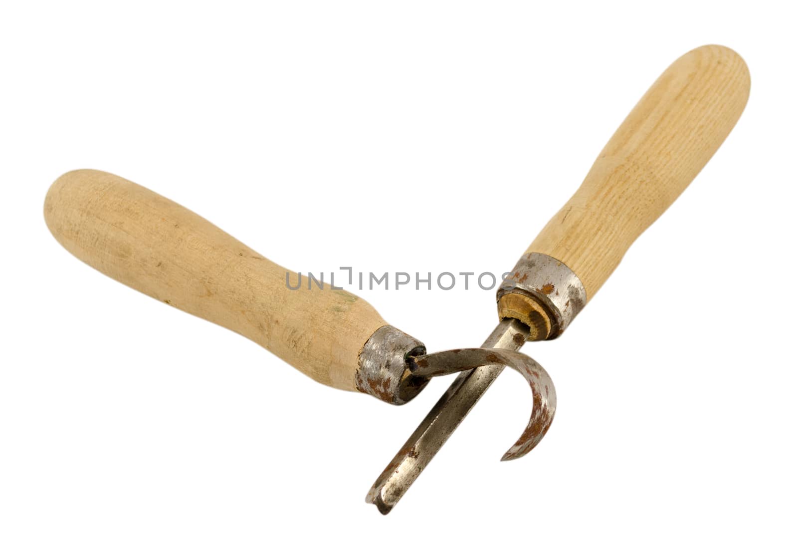 pair retro rusty chisel graver carve tools with wooden handles isolated on white background.