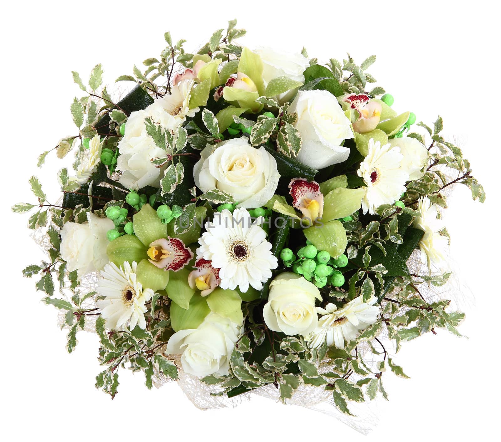 Floral compositions of white roses, white gerberas and orchids.  by grigvovan