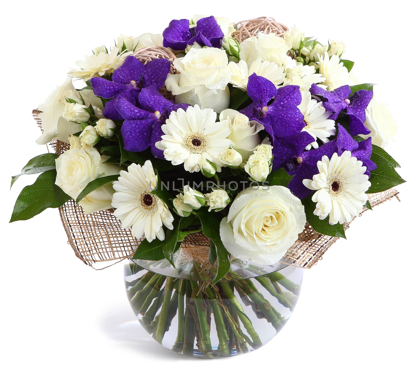 Flower arrangement in glass, transparent vase: White roses, purple orchids, white gerbera daisies, green peas. Isolated on white background. Floristic composition, design a bouquet, floral arrangement. Violet orchids.