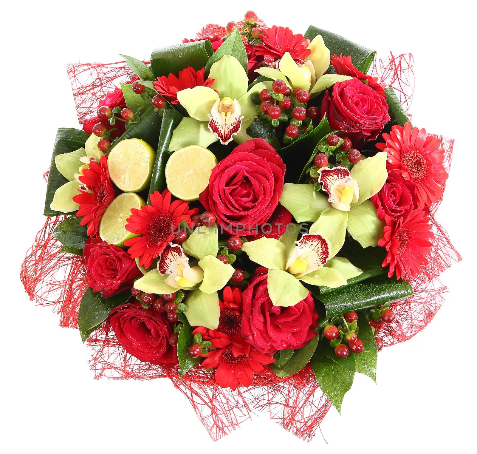 Floral compositions of red roses, red gerberas and orchids. Floristic composition by grigvovan