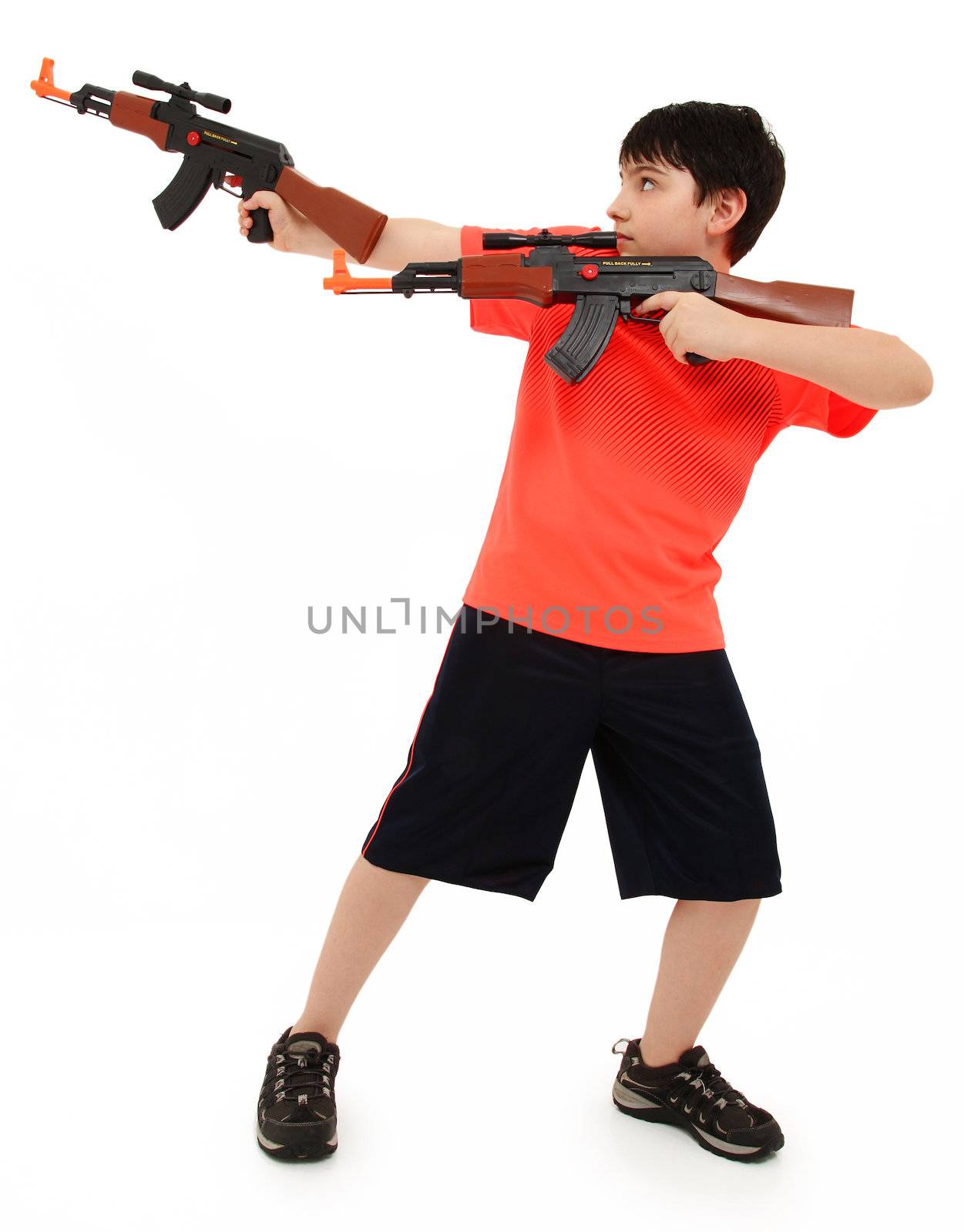 Handsome French American Boy Aiming Two  Plastic Toy AK47 To Sid by duplass
