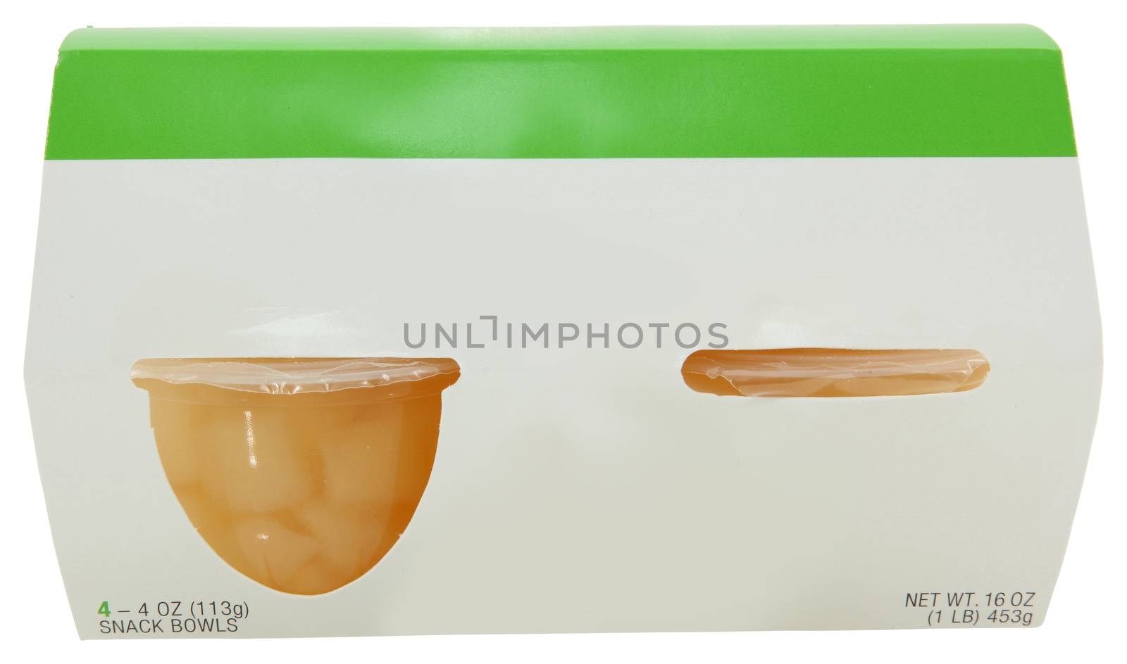 Four pack of diced pears in blank label container with clipping path.