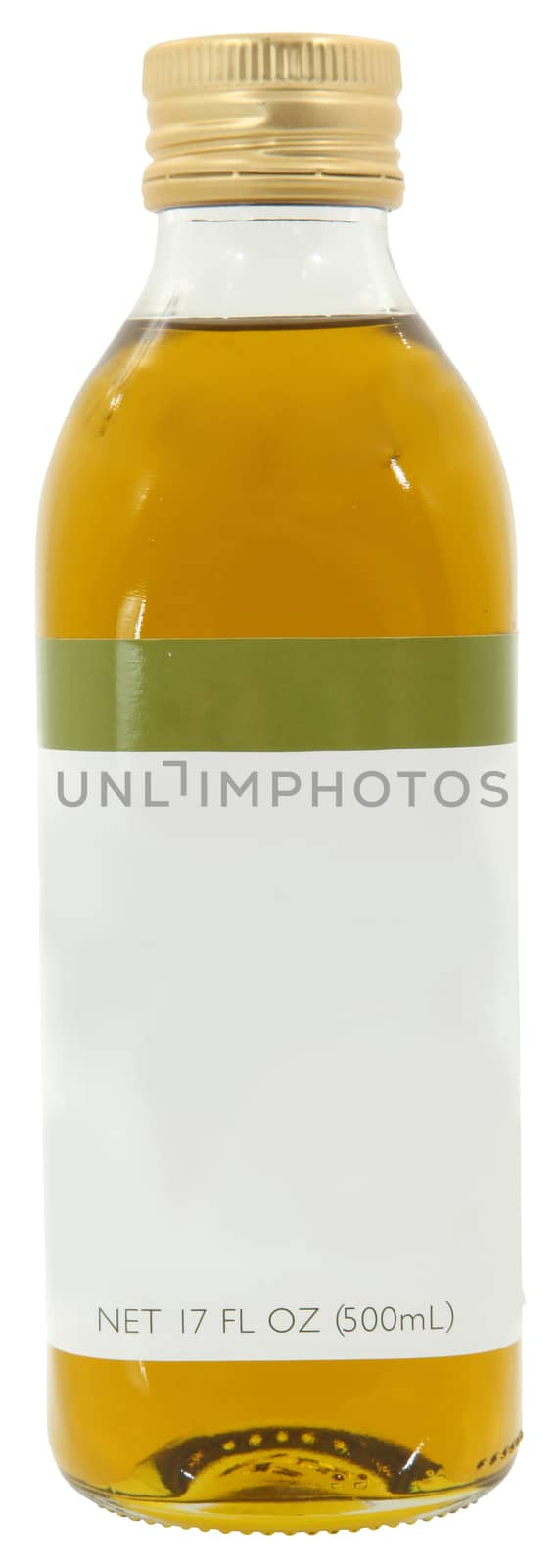 Store bought blank label olive oil in glass bottle over white.