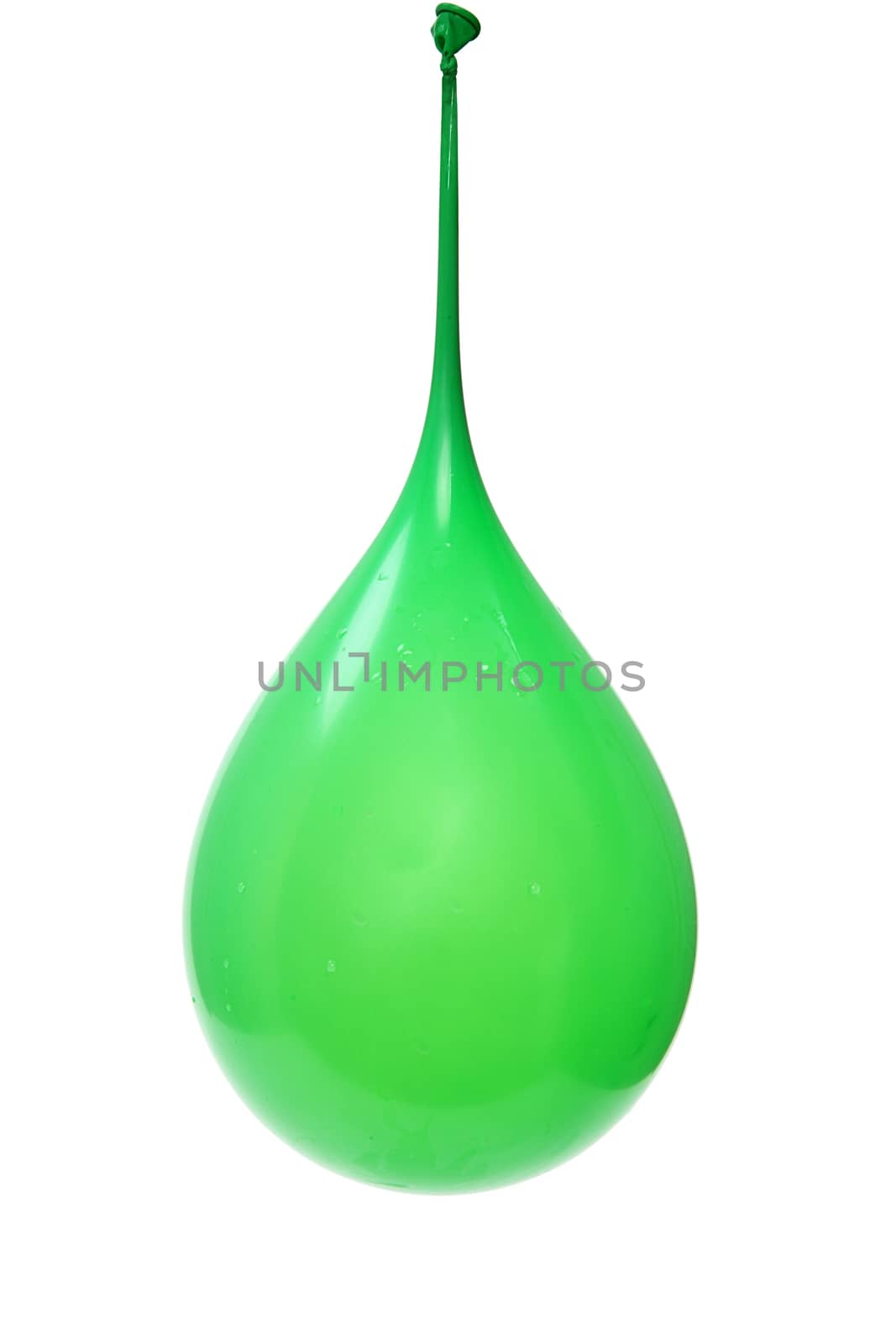 Water Filled Green Balloon Hanging Suspended Over White. Water droplets on outside.