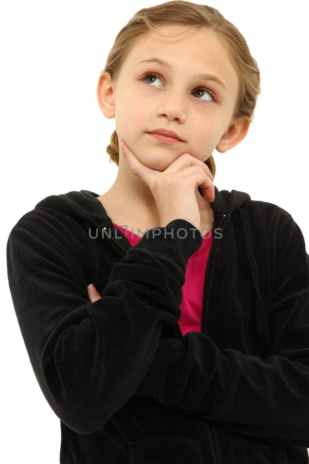 Adorable Caucasian Tween Girl Child Thinking Seriously over White