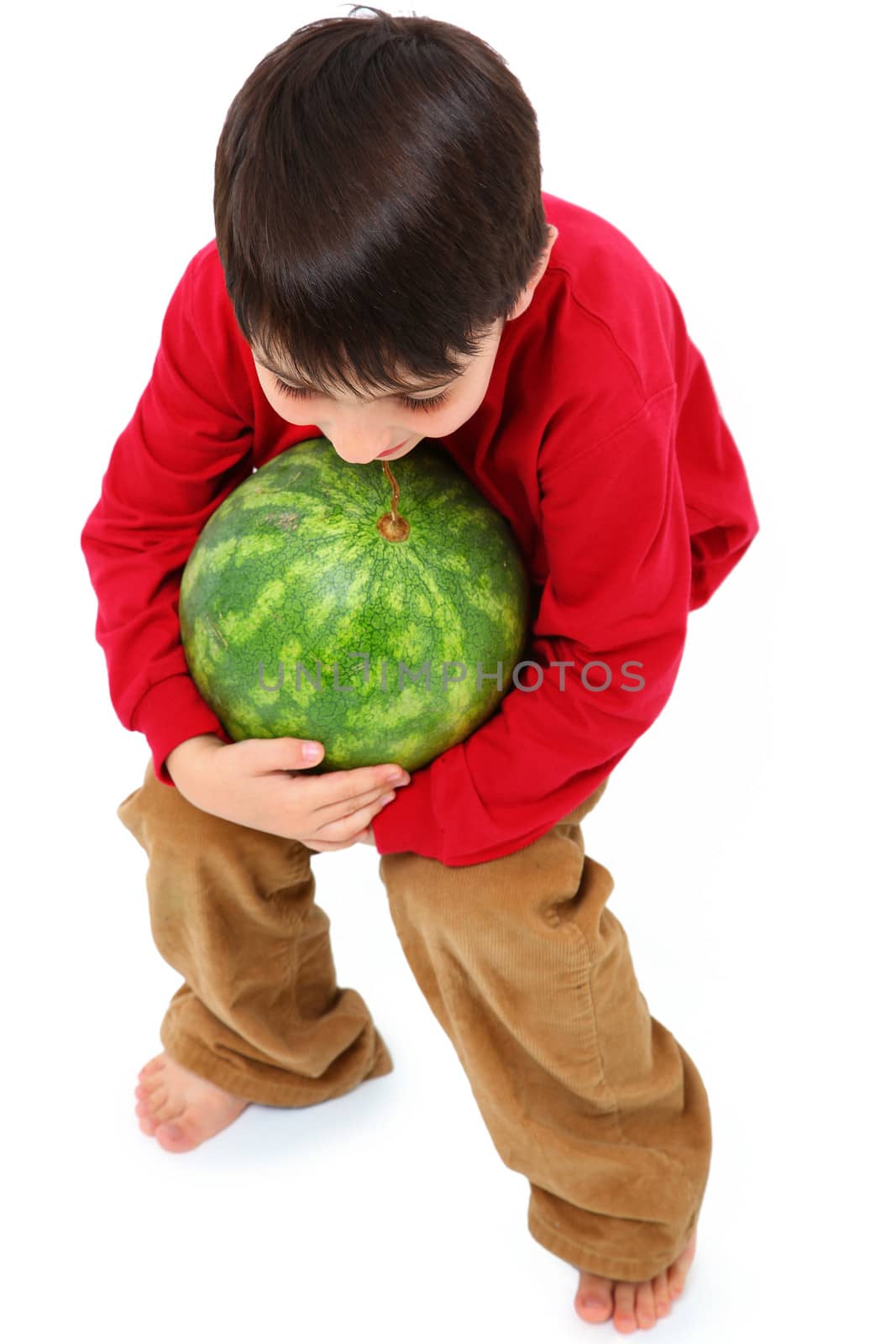 Happy Caucasian Boy Child Carrying Watermelon by duplass