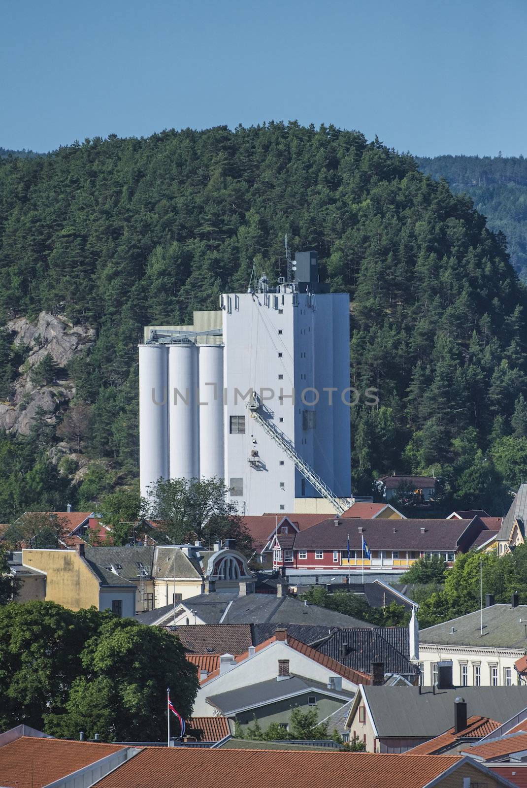 Grain silo is located on the quay at the port of Halden, Norway.