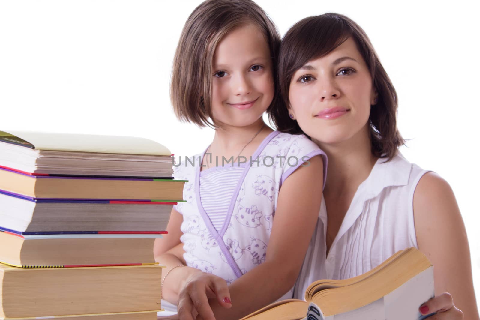 Mother and daughter reading books together by Angel_a