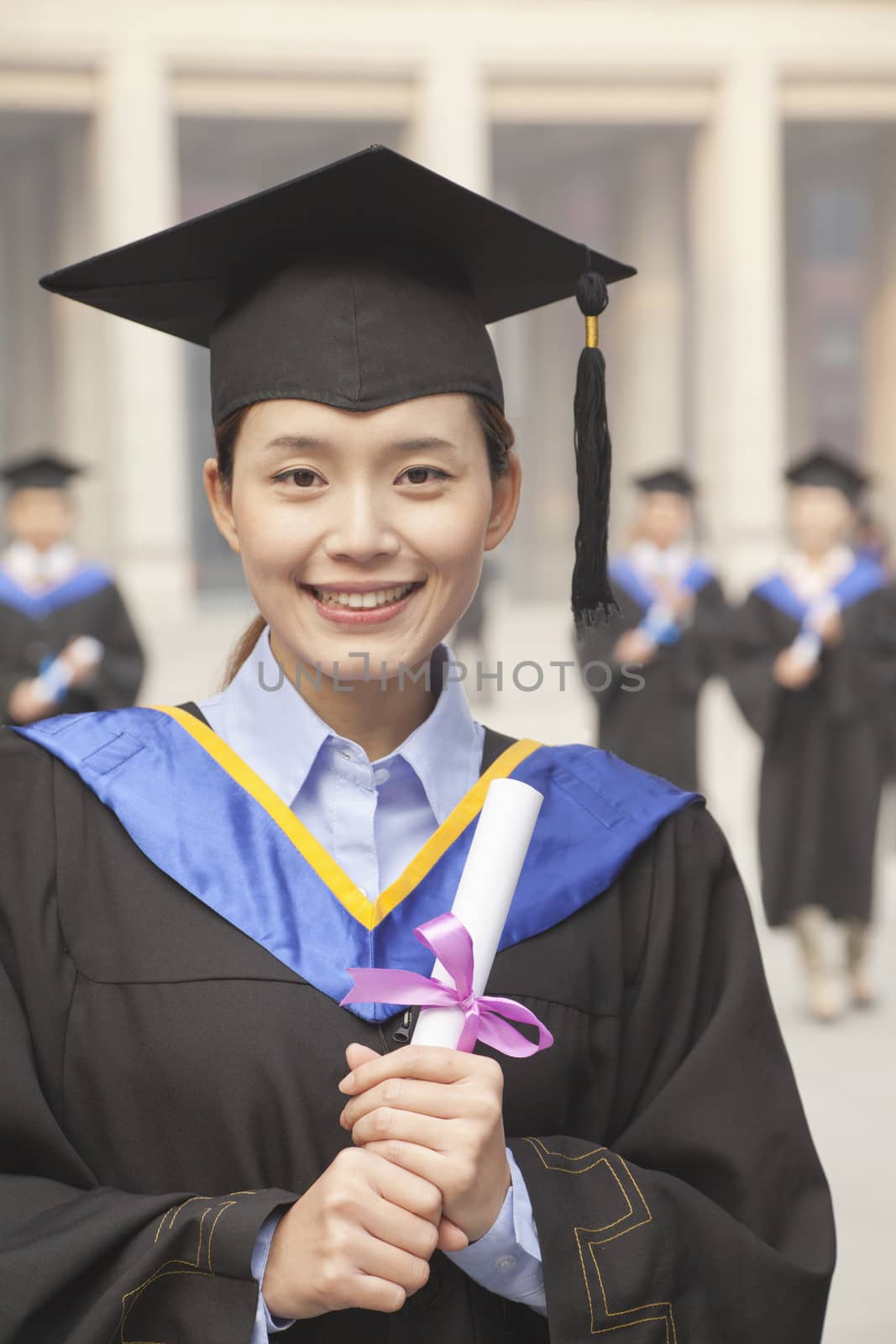 Young Female Graduate Holding Diploma, Portrait by XiXinXing